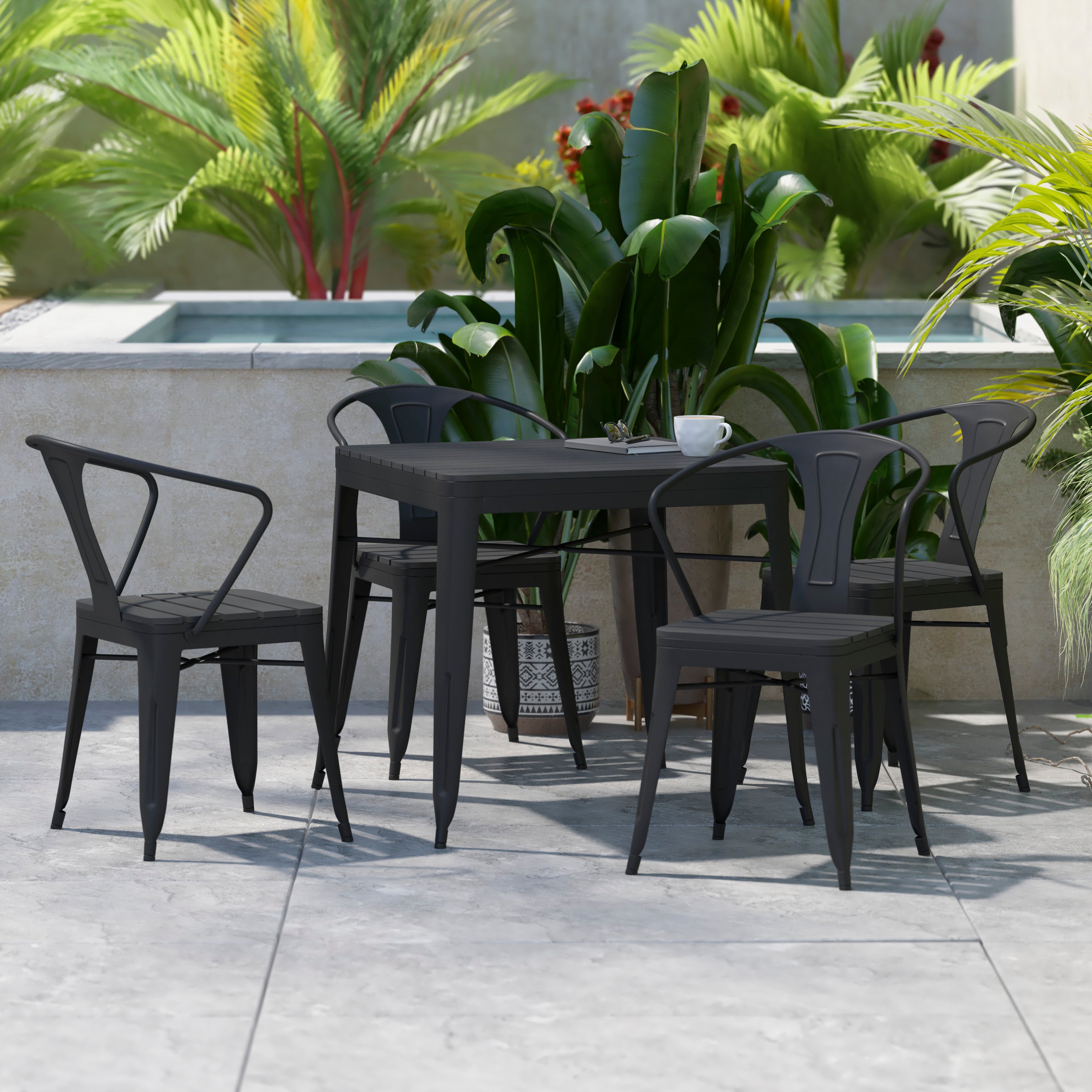 Helvey Commercial 5 Piece Indoor-Outdoor Table and Chairs, 31.5" Square Table with Poly Resin Top, 4 Metal Chairs with Poly Resin Seats, Black