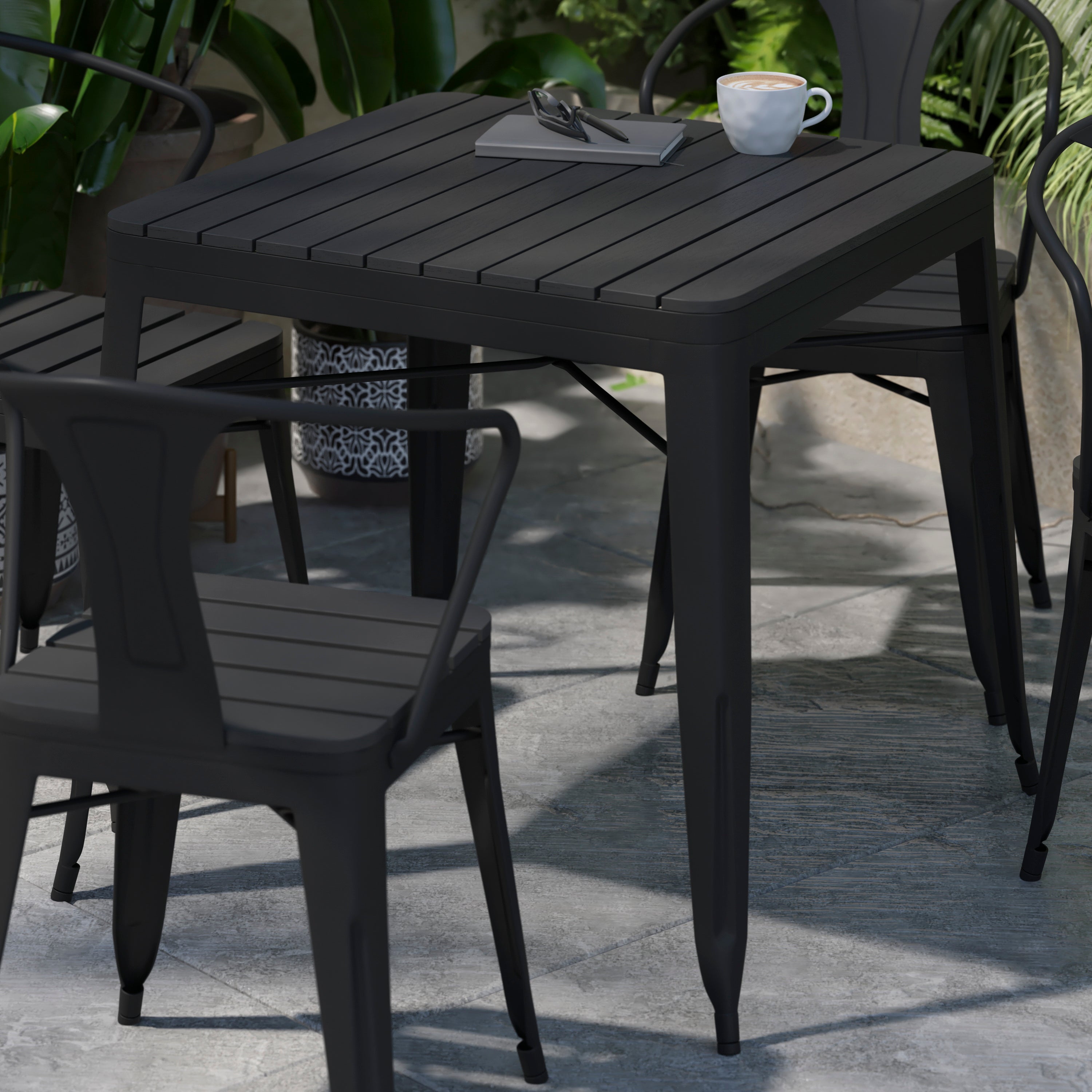 Helvey Commercial 5 Piece Indoor-Outdoor Table and Chairs, 31.5" Square Table with Poly Resin Top, 4 Metal Chairs with Poly Resin Seats, Black