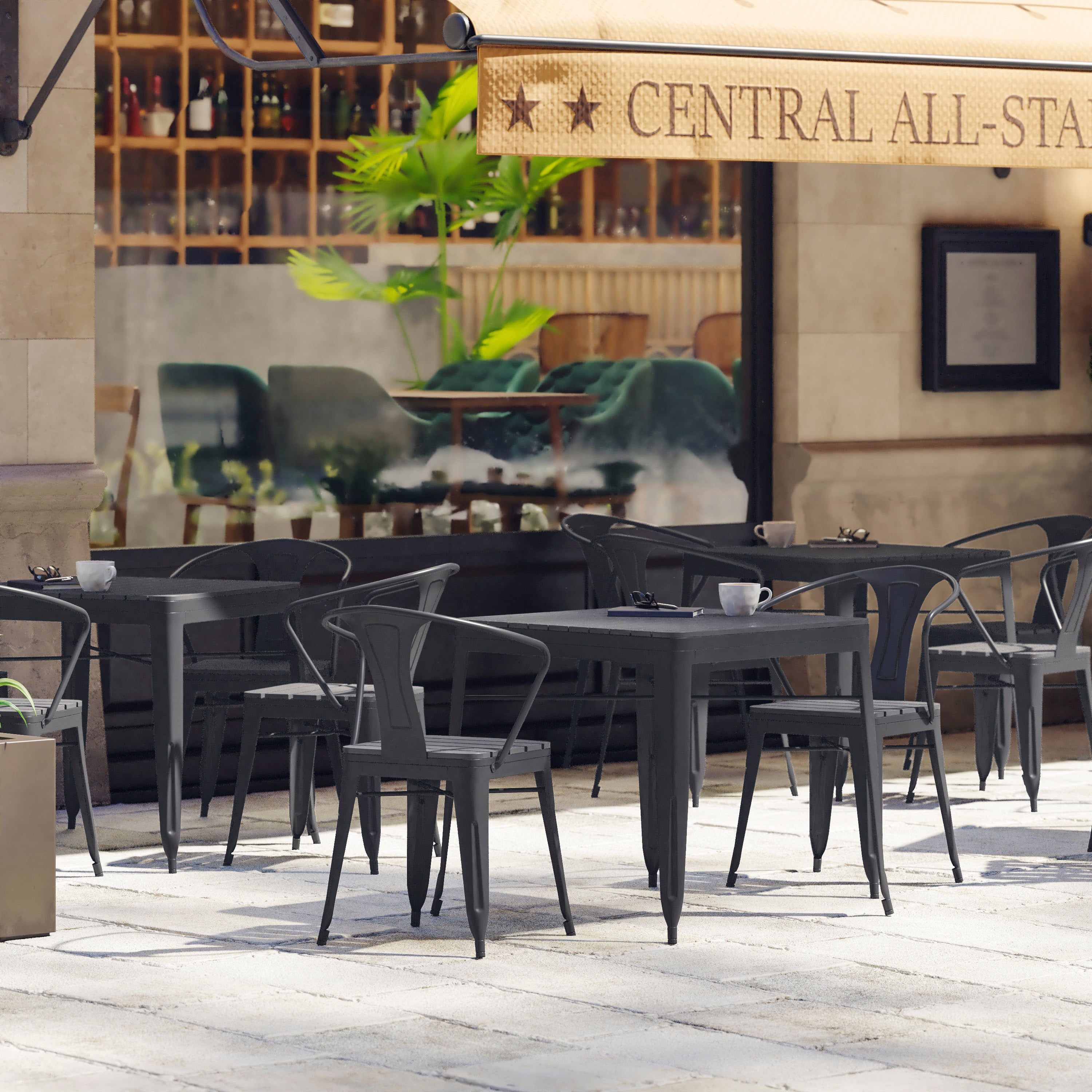 Helvey Commercial 5 Piece Indoor-Outdoor Table and Chairs, 31.5" Square Table with Poly Resin Top, 4 Metal Chairs with Poly Resin Seats, Black