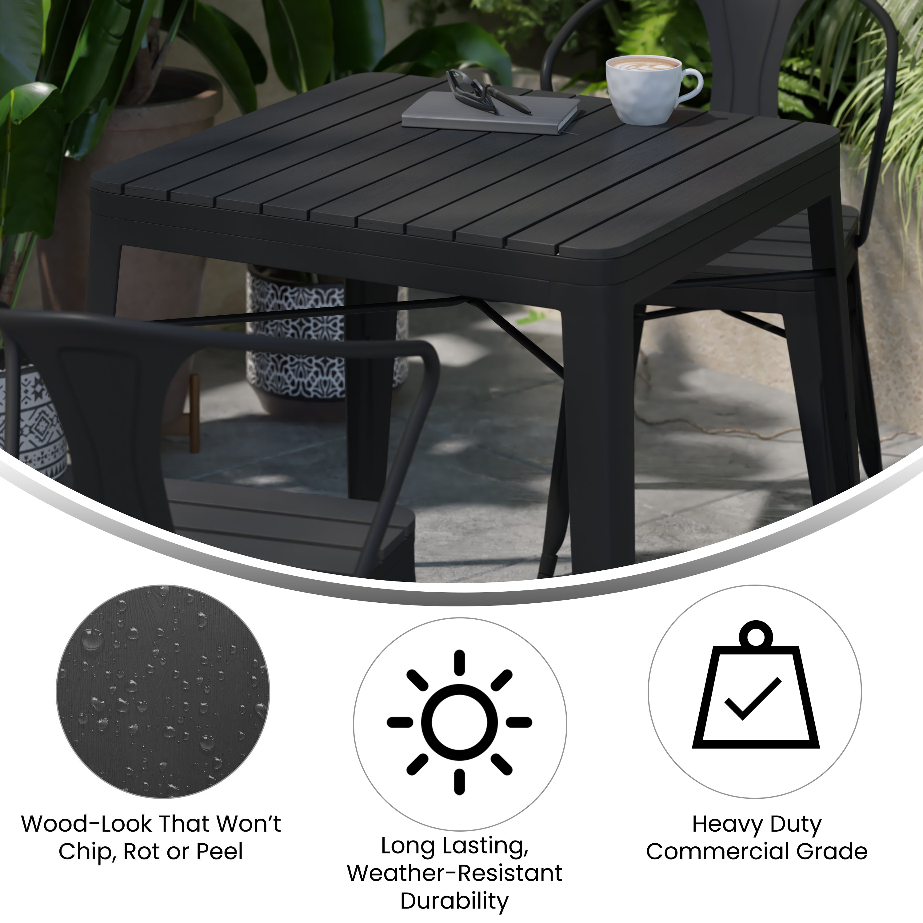 Helvey 31.5" Square Commercial Grade Indoor/Outdoor Black Steel Patio Dining Table for 4 with Black Poly Resin Slatted Top