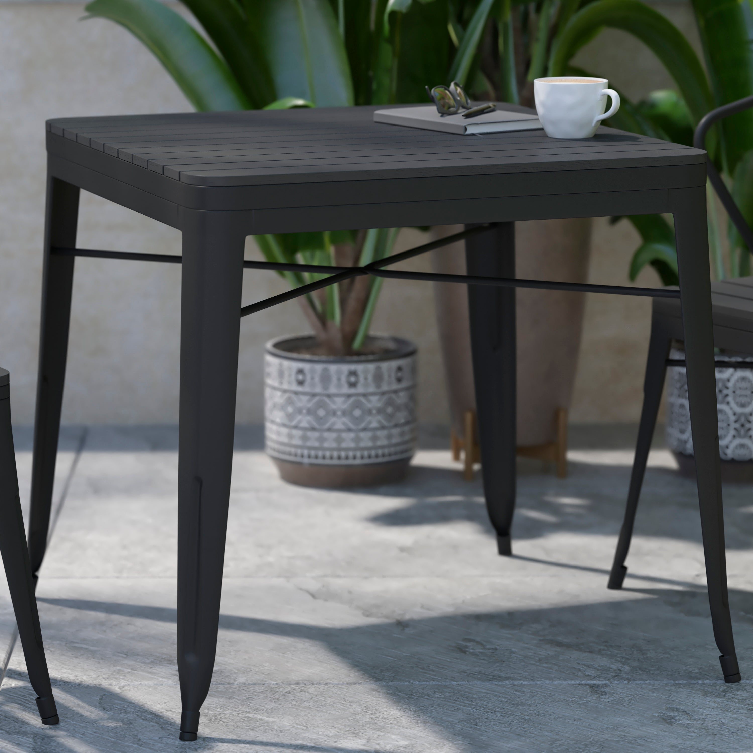 Helvey 31.5" Square Commercial Grade Indoor/Outdoor Black Steel Patio Dining Table for 4 with Black Poly Resin Slatted Top