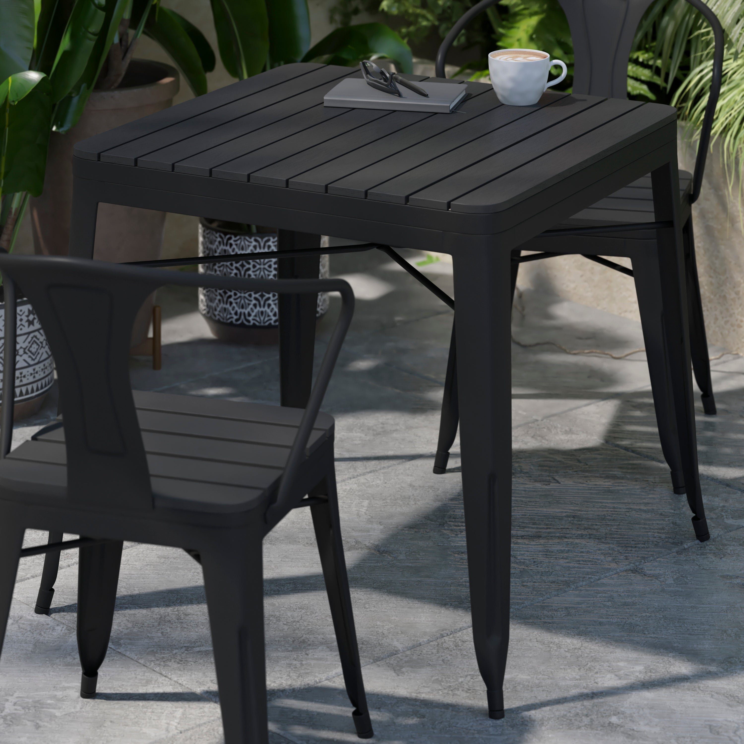 Helvey 31.5" Square Commercial Grade Indoor/Outdoor Black Steel Patio Dining Table for 4 with Black Poly Resin Slatted Top