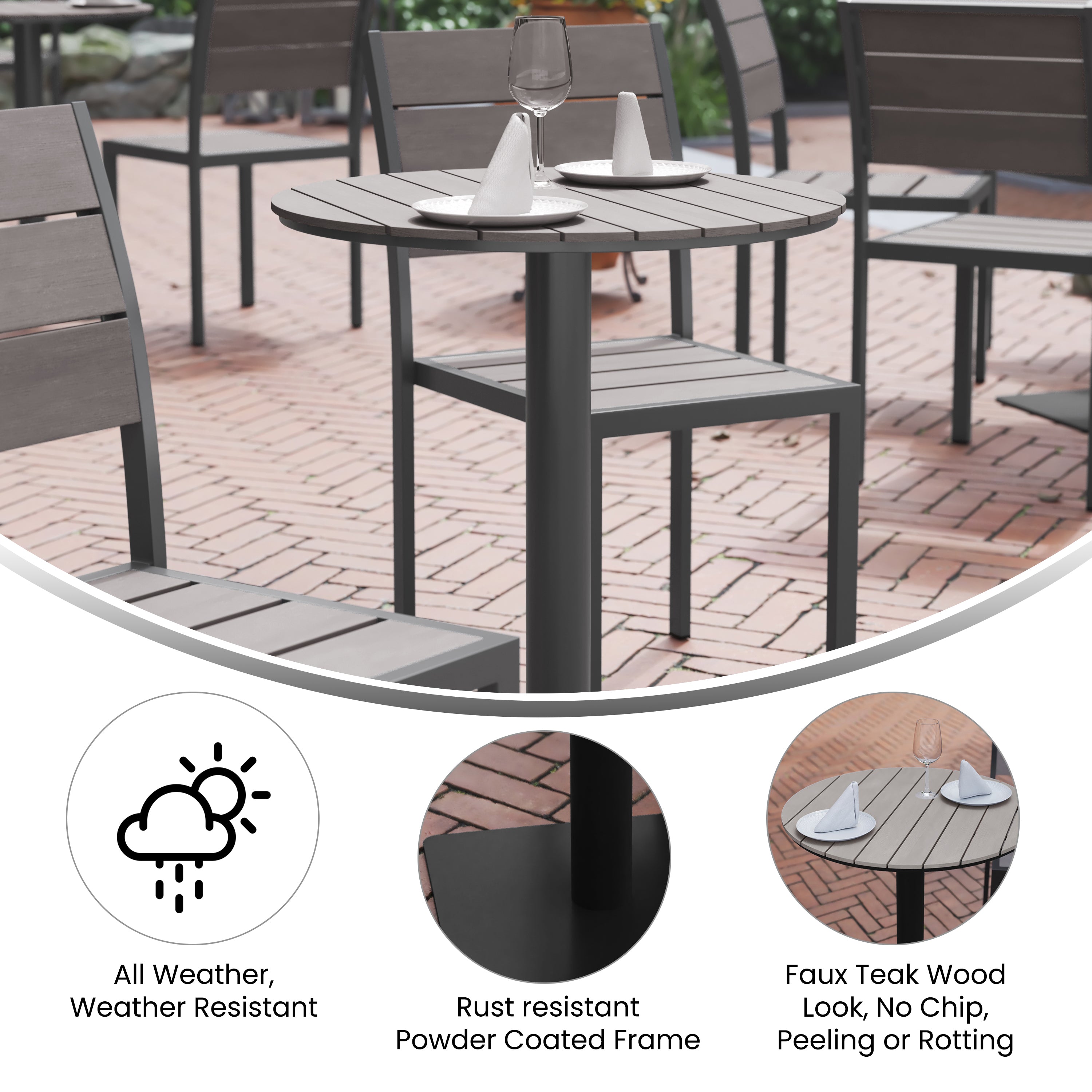 Finch Commercial Grade Round 24" Table with Faux Teak Poly Slats and Steel Frame, Gray/Gray