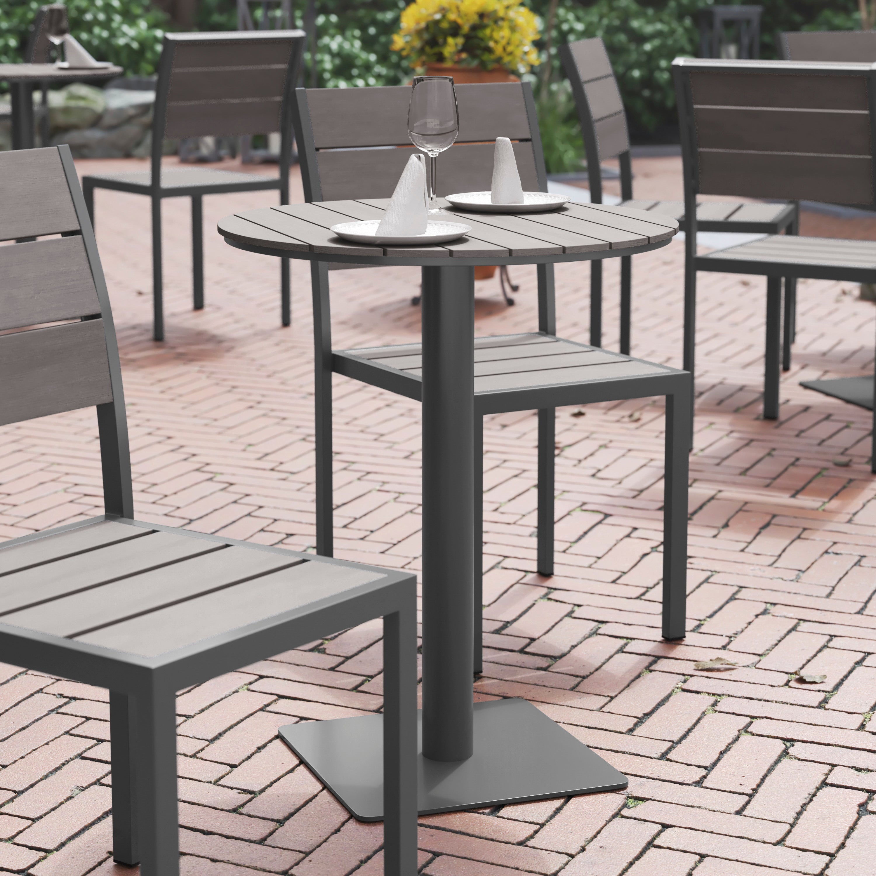 Finch Commercial Grade Round 24" Table with Faux Teak Poly Slats and Steel Frame, Gray/Gray