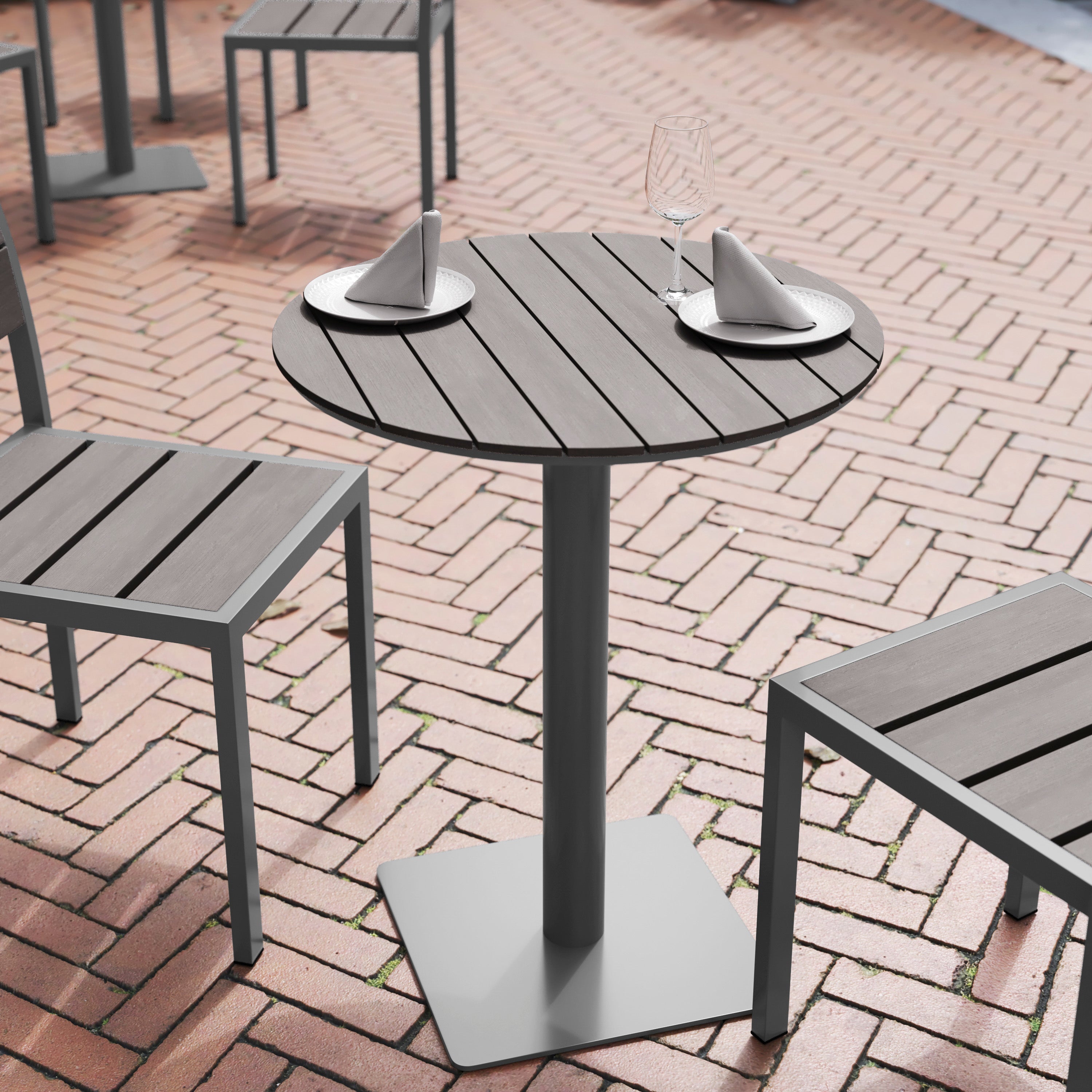 Finch Commercial Grade Round 24" Table with Faux Teak Poly Slats and Steel Frame, Gray/Gray