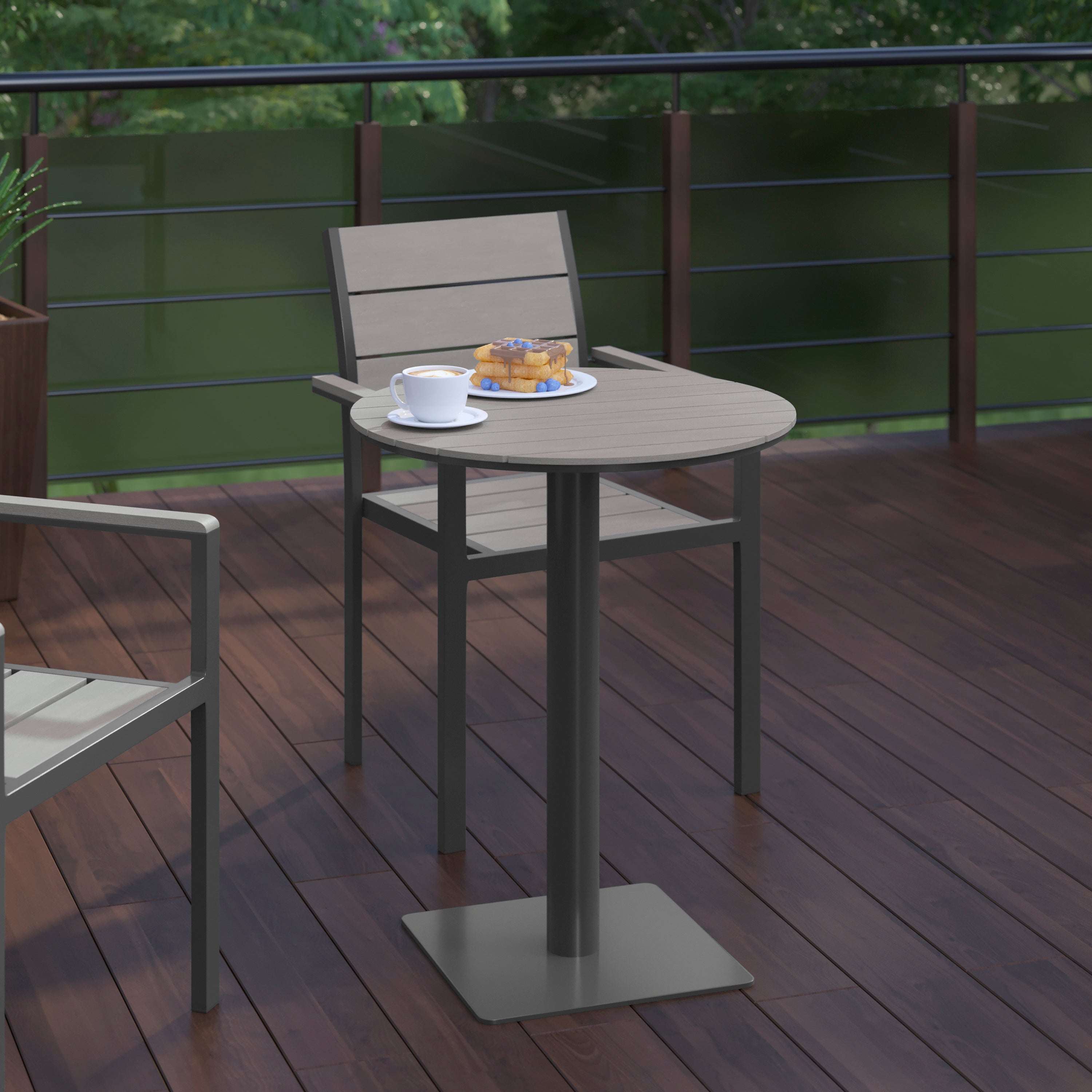 Finch Commercial Grade Round 24" Table with Faux Teak Poly Slats and Steel Frame, Gray/Gray