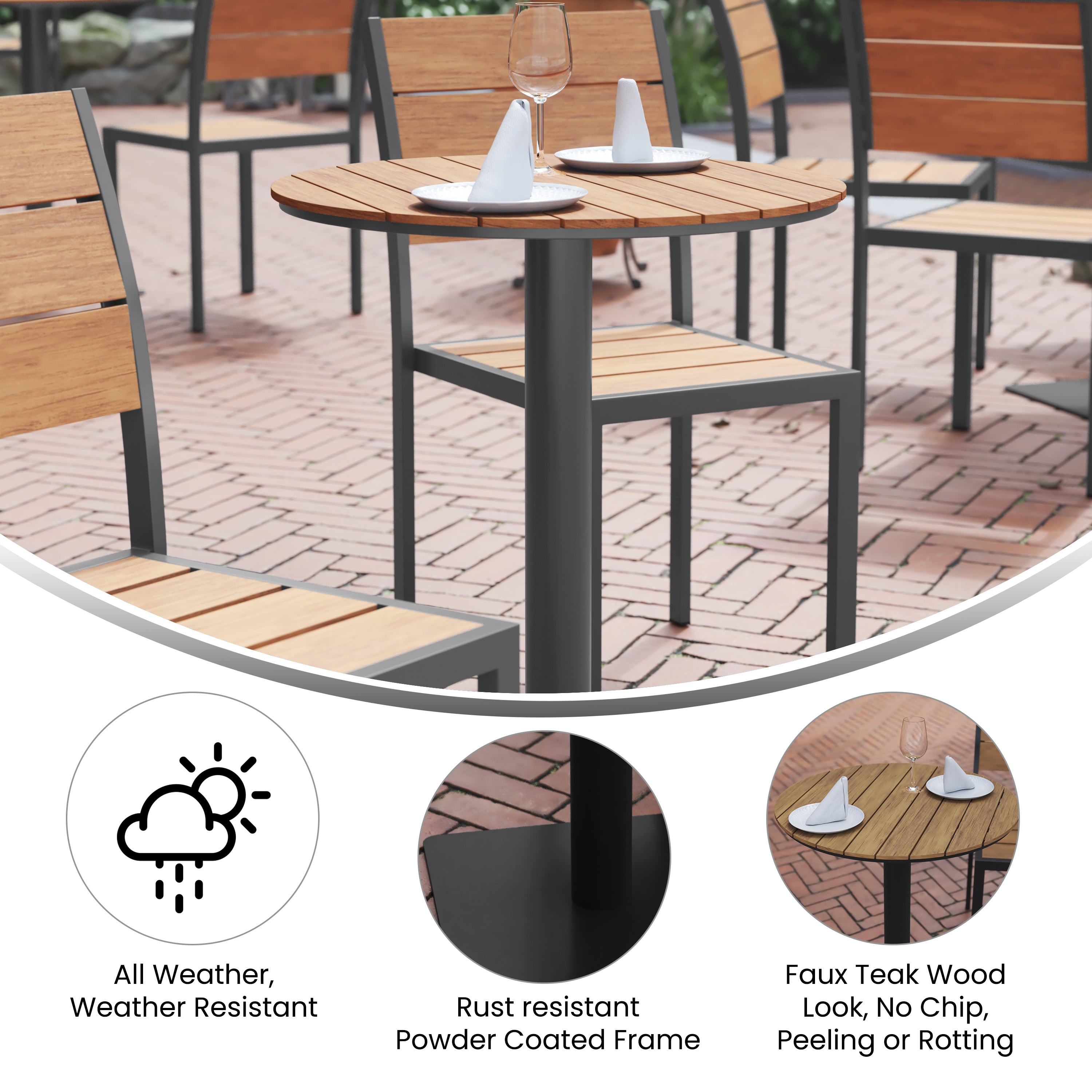 Finch Commercial Grade Round 24" Table with Faux Teak Poly Slats and Steel Frame, Natural/Gray