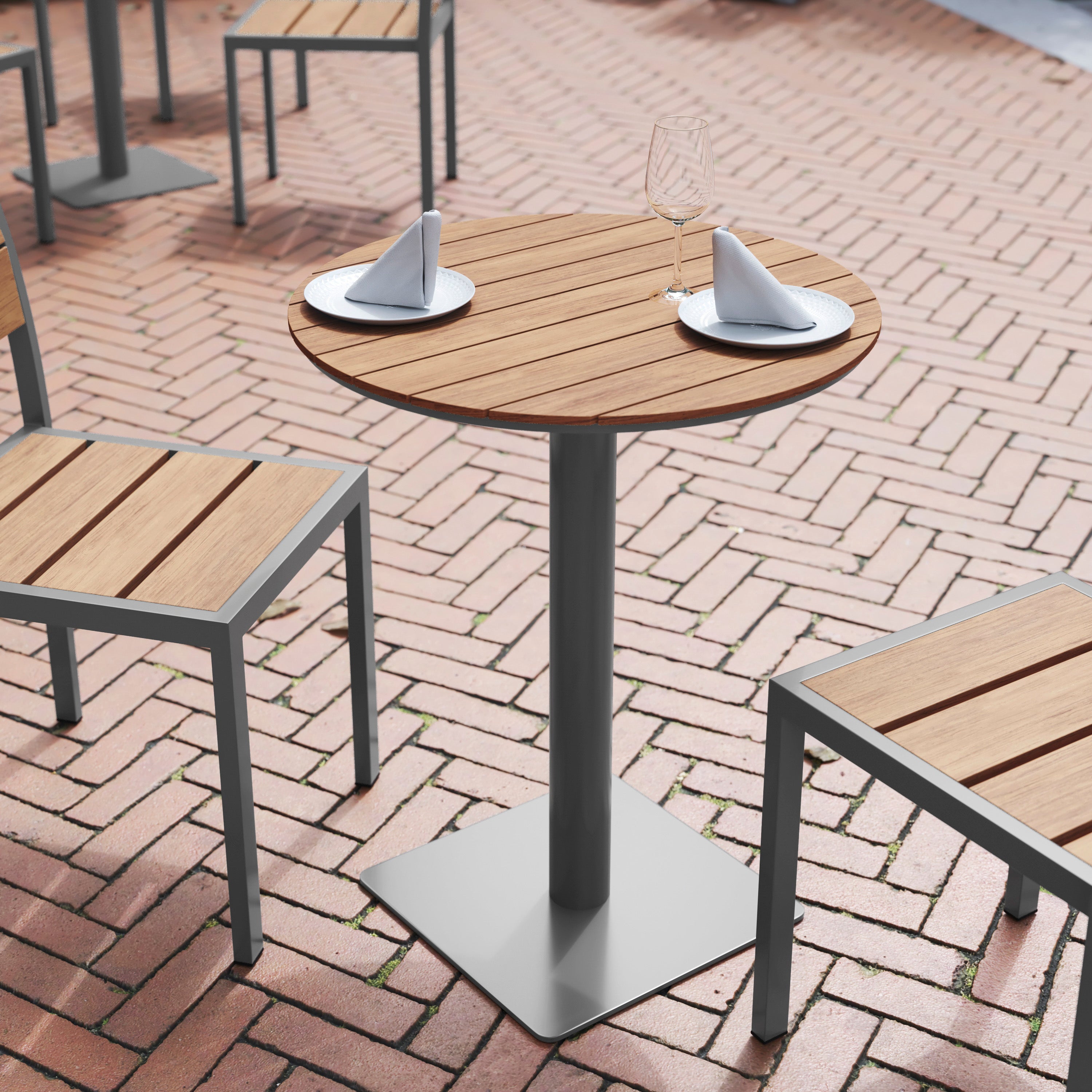 Finch Commercial Grade Round 24" Table with Faux Teak Poly Slats and Steel Frame, Natural/Gray