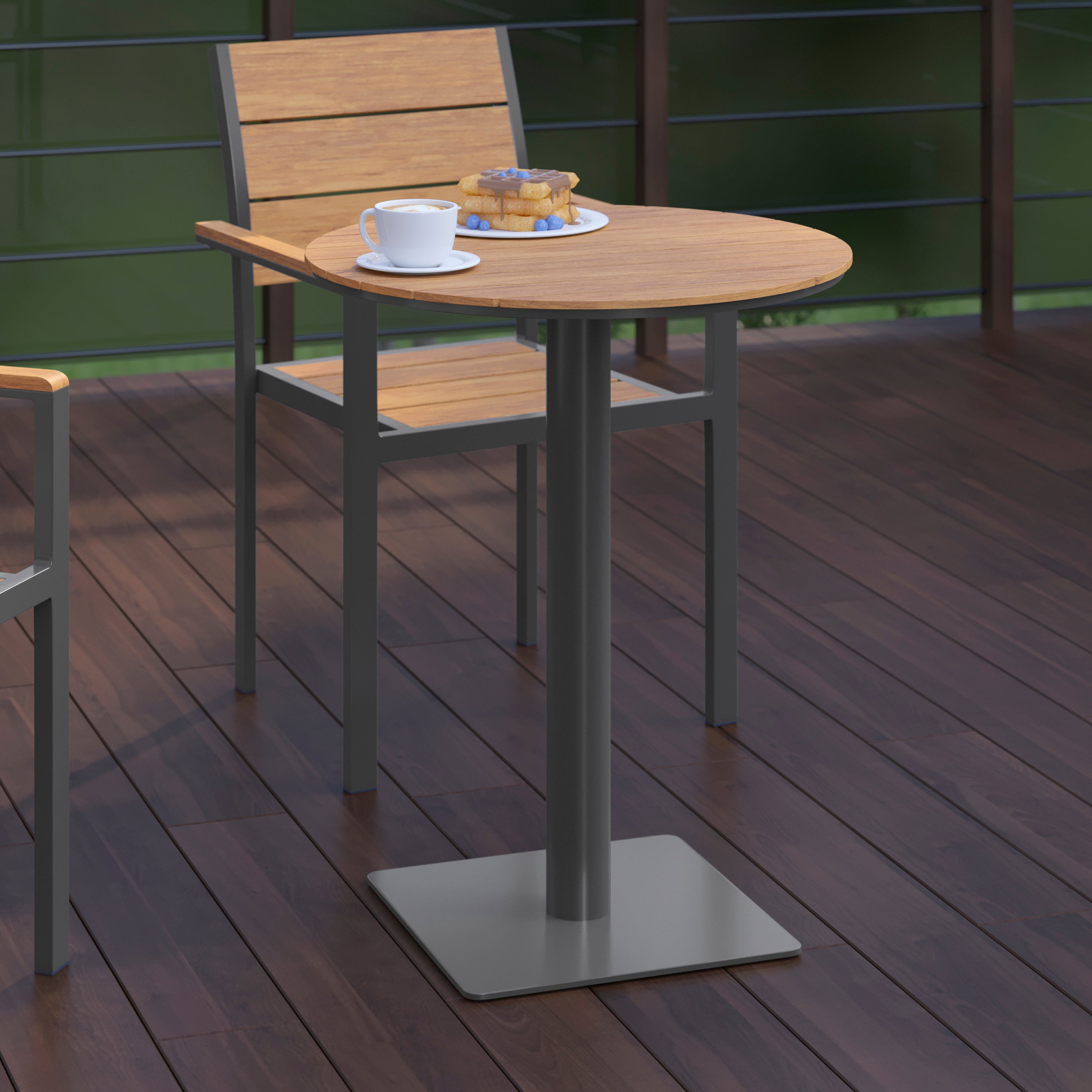 Finch Commercial Grade Round 24" Table with Faux Teak Poly Slats and Steel Frame, Natural/Gray
