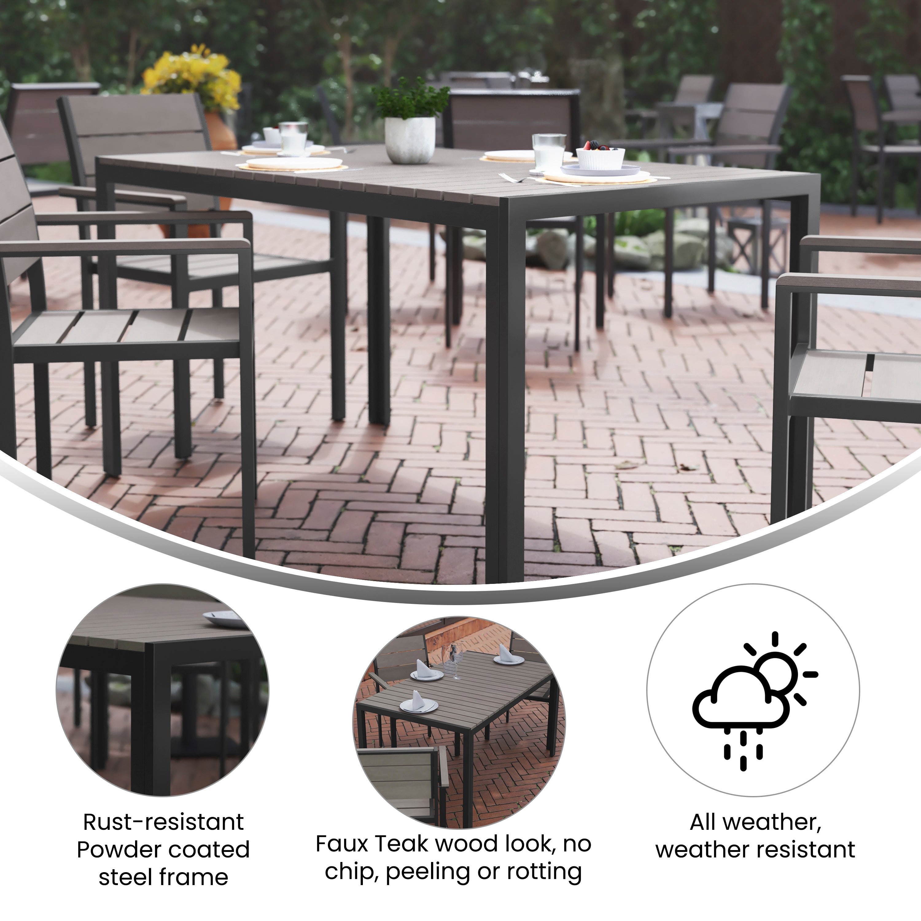 Finch Commercial Grade Outdoor Dining Table 55" x 31" with Faux Teak Poly Slats and Metal Frame, Gray/Gray