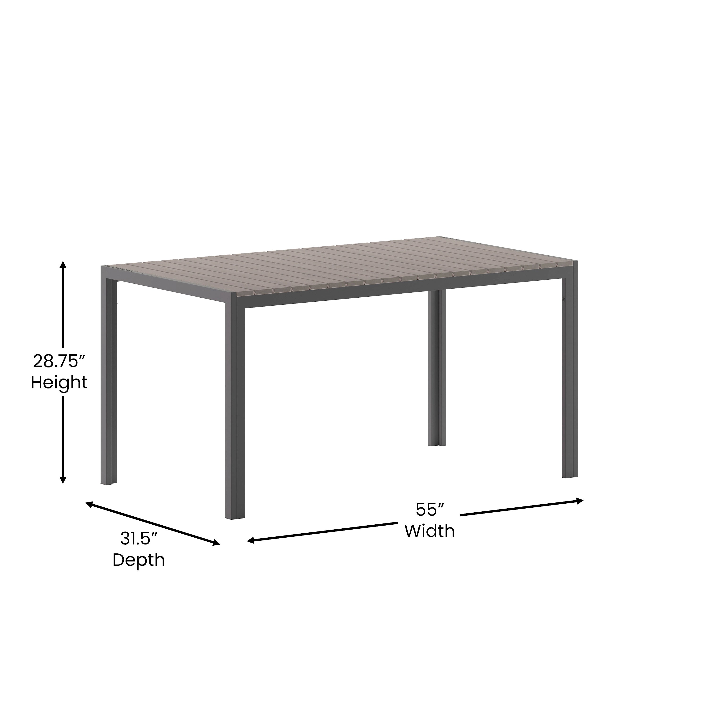Finch Commercial Grade Outdoor Dining Table 55" x 31" with Faux Teak Poly Slats and Metal Frame, Gray/Gray