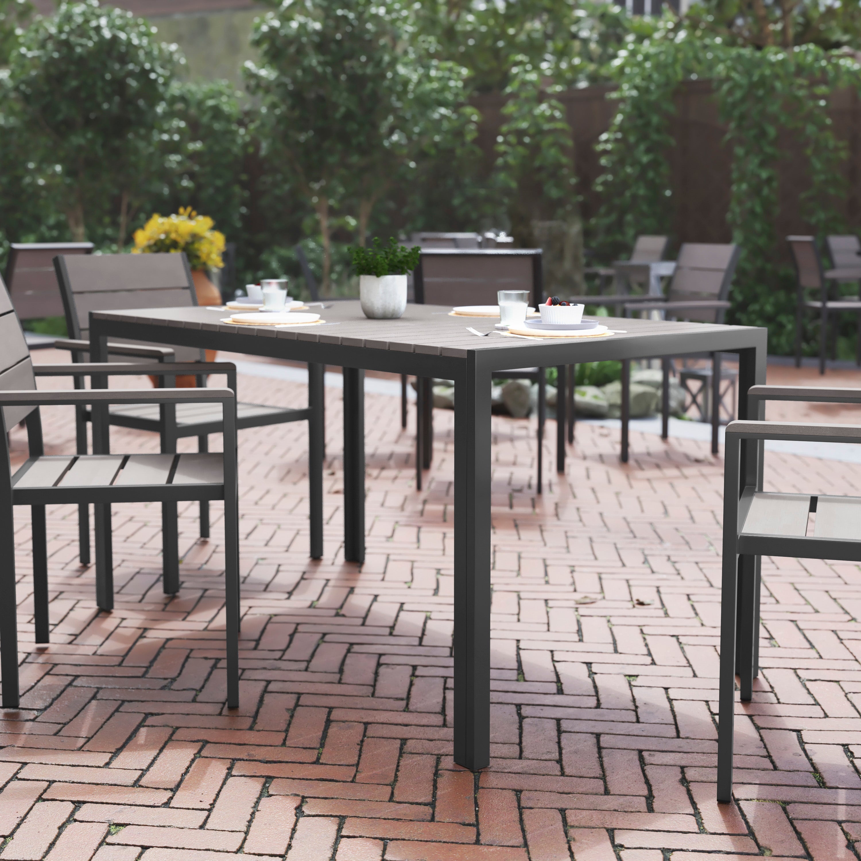 Finch Commercial Grade Outdoor Dining Table 55" x 31" with Faux Teak Poly Slats and Metal Frame, Gray/Gray