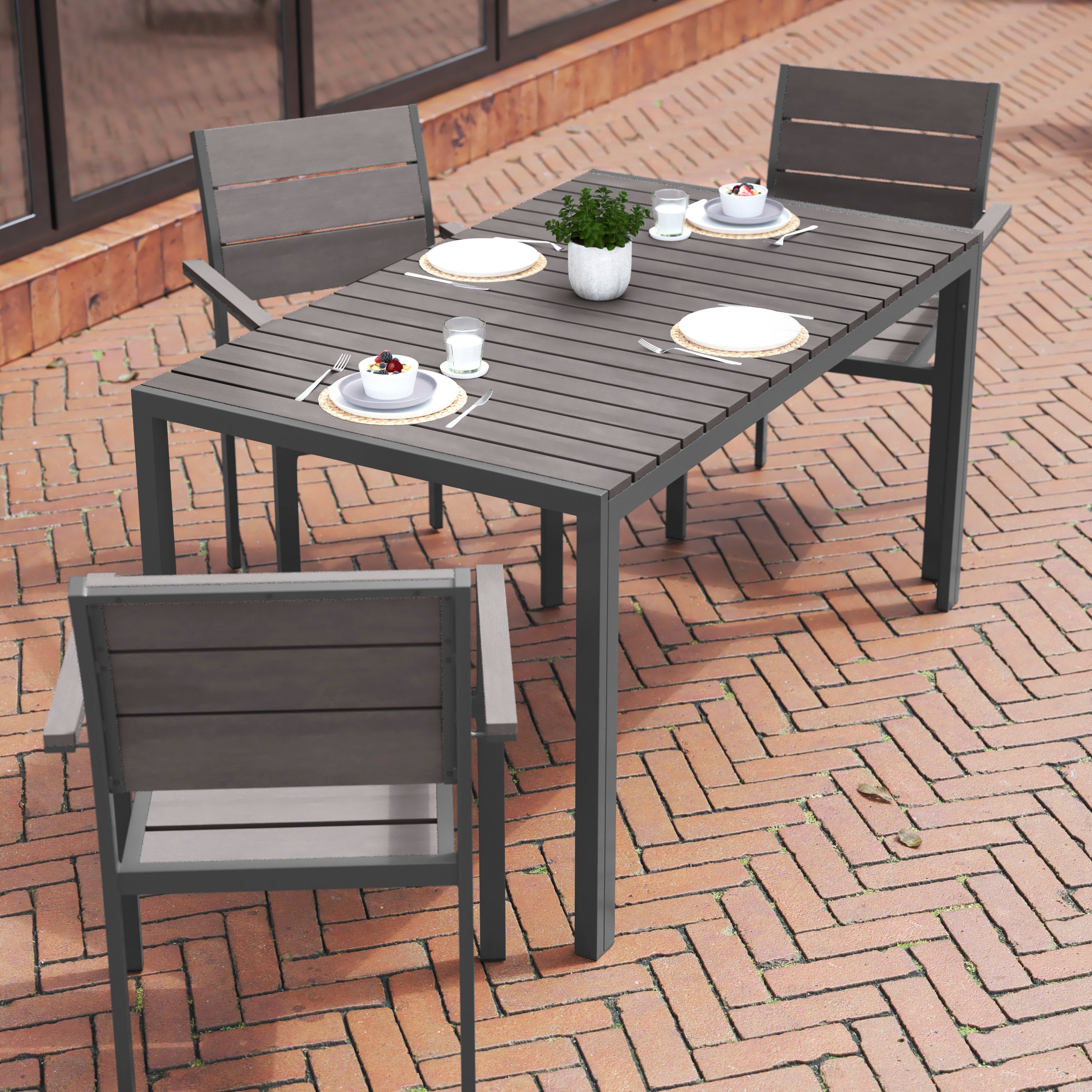 Finch Commercial Grade Outdoor Dining Table 55" x 31" with Faux Teak Poly Slats and Metal Frame, Gray/Gray