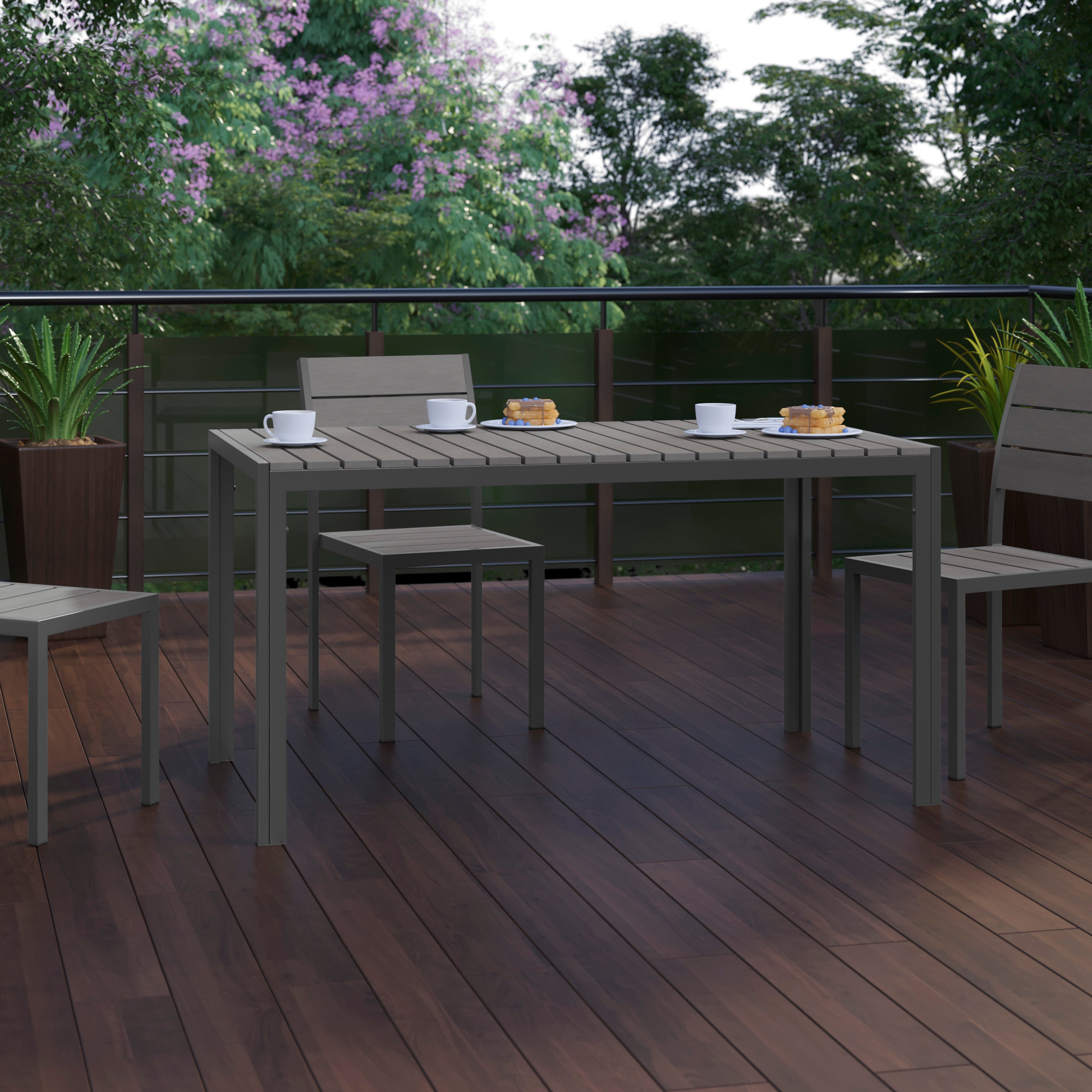 Finch Commercial Grade Outdoor Dining Table 55" x 31" with Faux Teak Poly Slats and Metal Frame, Gray/Gray