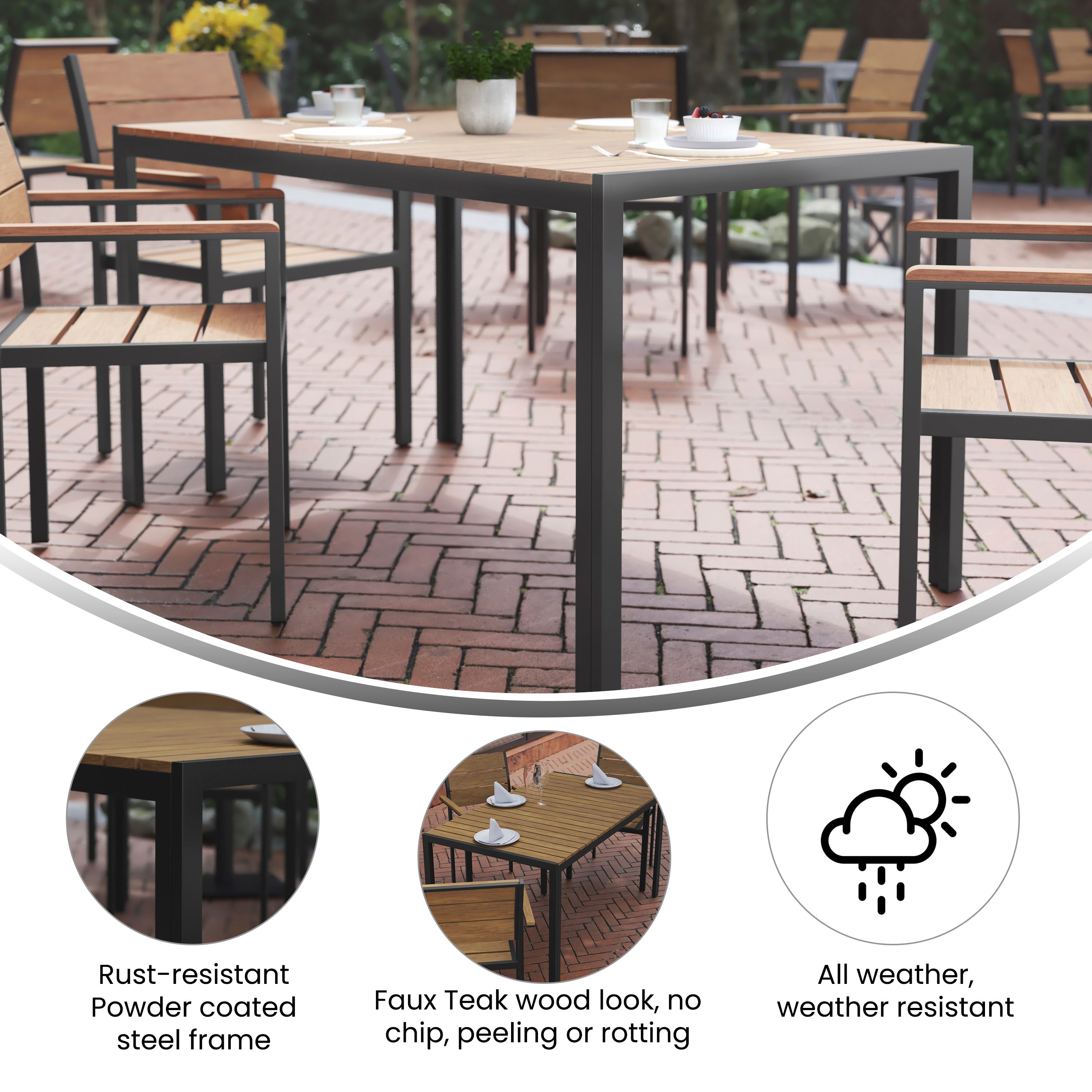Finch Commercial Grade Outdoor Dining Table 55" x 31" with Faux Teak Poly Slats and Metal Frame, Natural/Gray