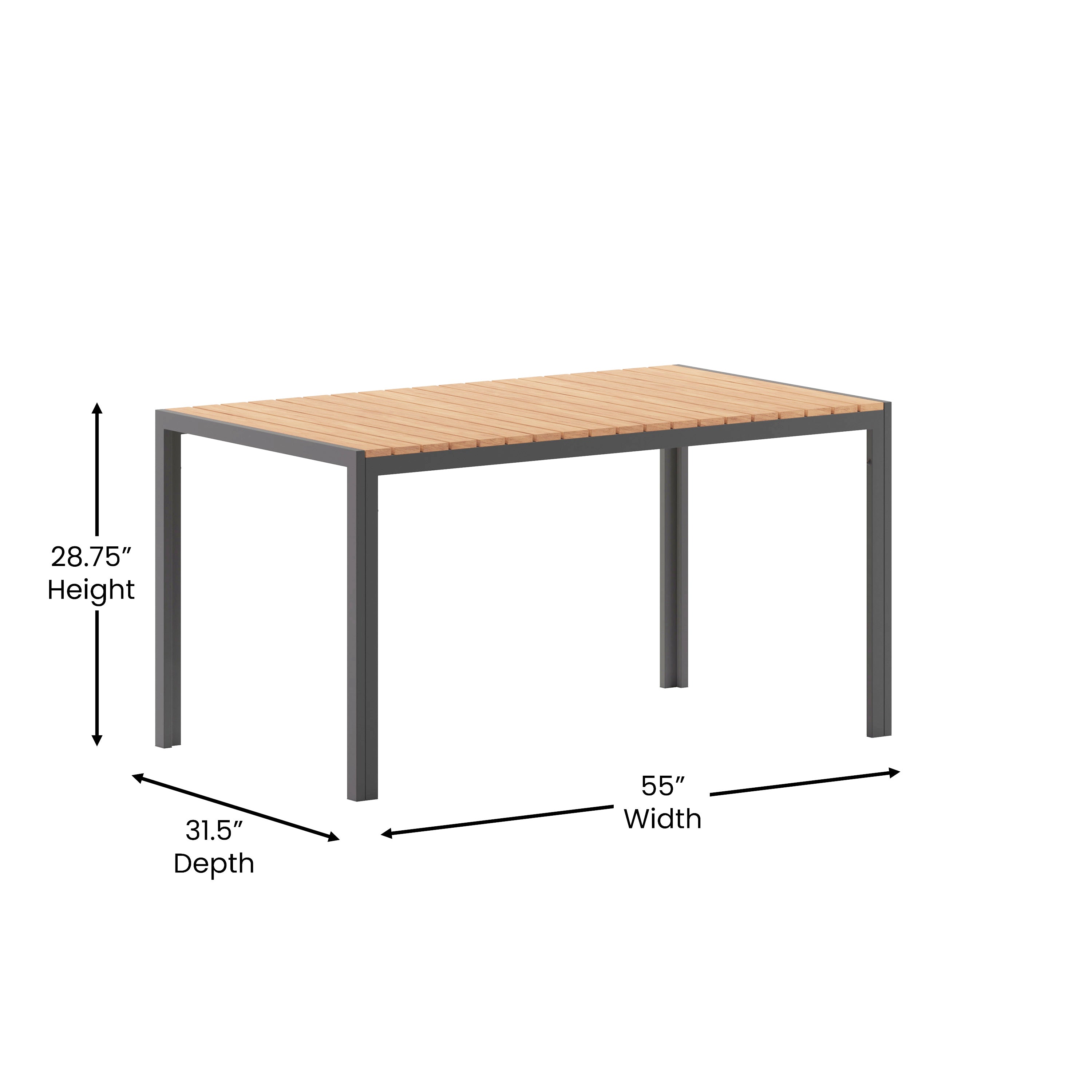 Finch Commercial Grade Outdoor Dining Table 55" x 31" with Faux Teak Poly Slats and Metal Frame, Natural/Gray