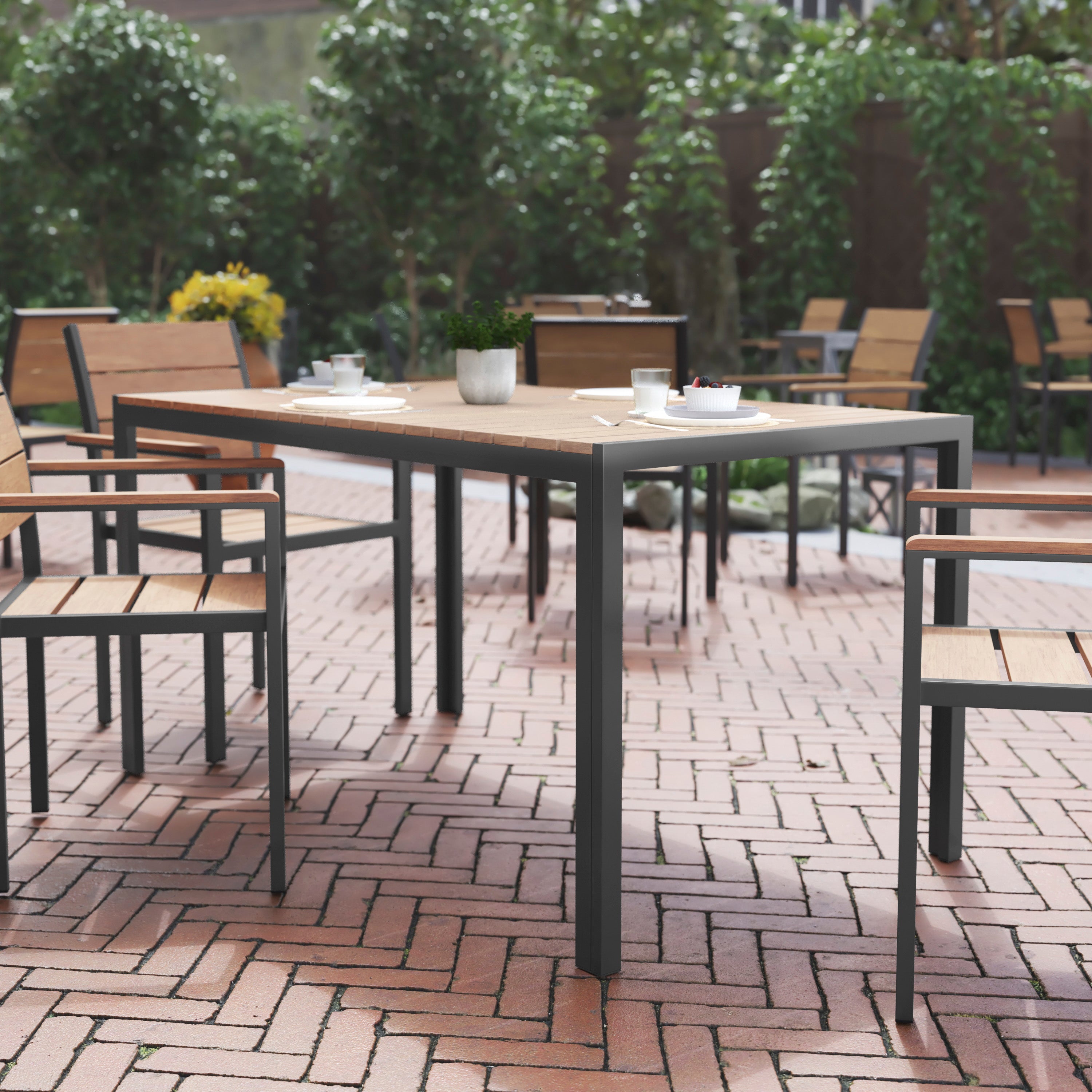 Finch Commercial Grade Outdoor Dining Table 55" x 31" with Faux Teak Poly Slats and Metal Frame, Natural/Gray