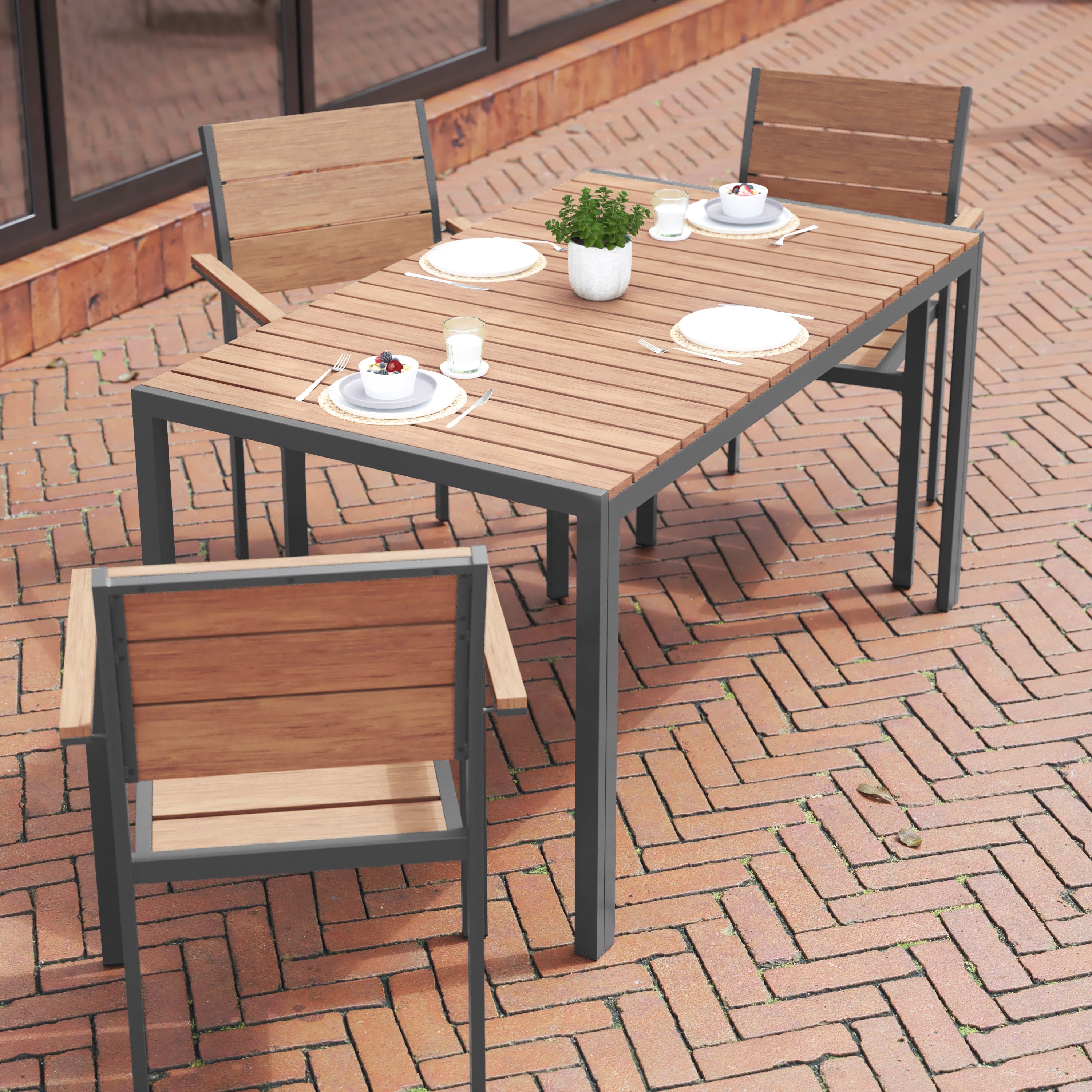 Finch Commercial Grade Outdoor Dining Table 55" x 31" with Faux Teak Poly Slats and Metal Frame, Natural/Gray