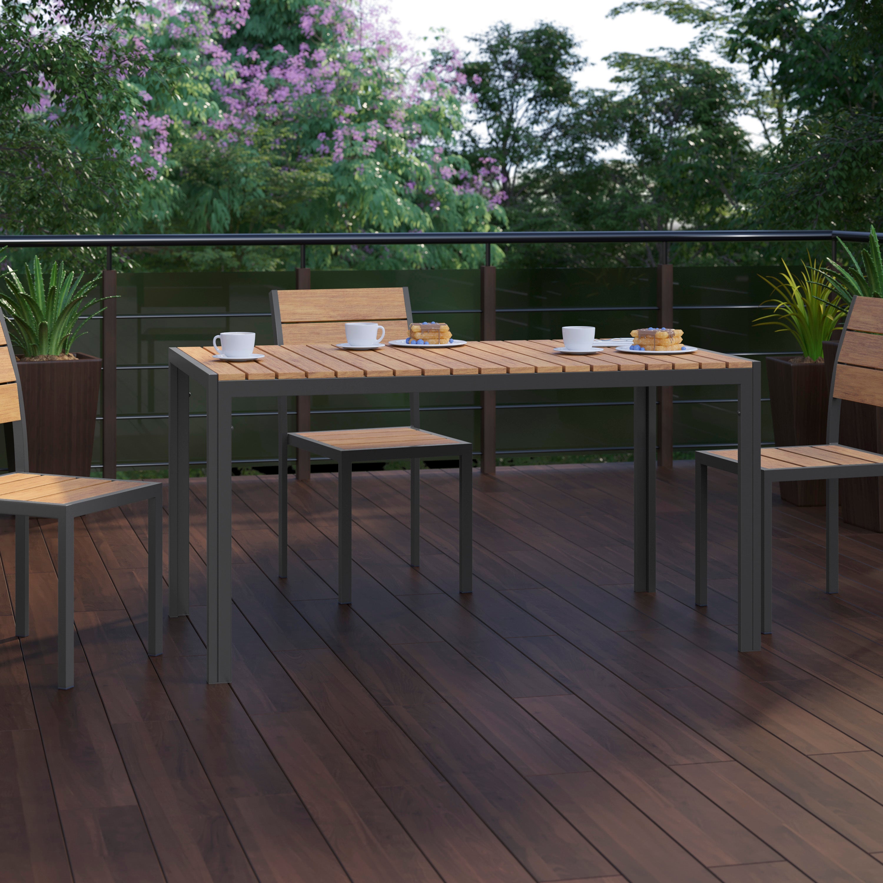 Finch Commercial Grade Outdoor Dining Table 55" x 31" with Faux Teak Poly Slats and Metal Frame, Natural/Gray