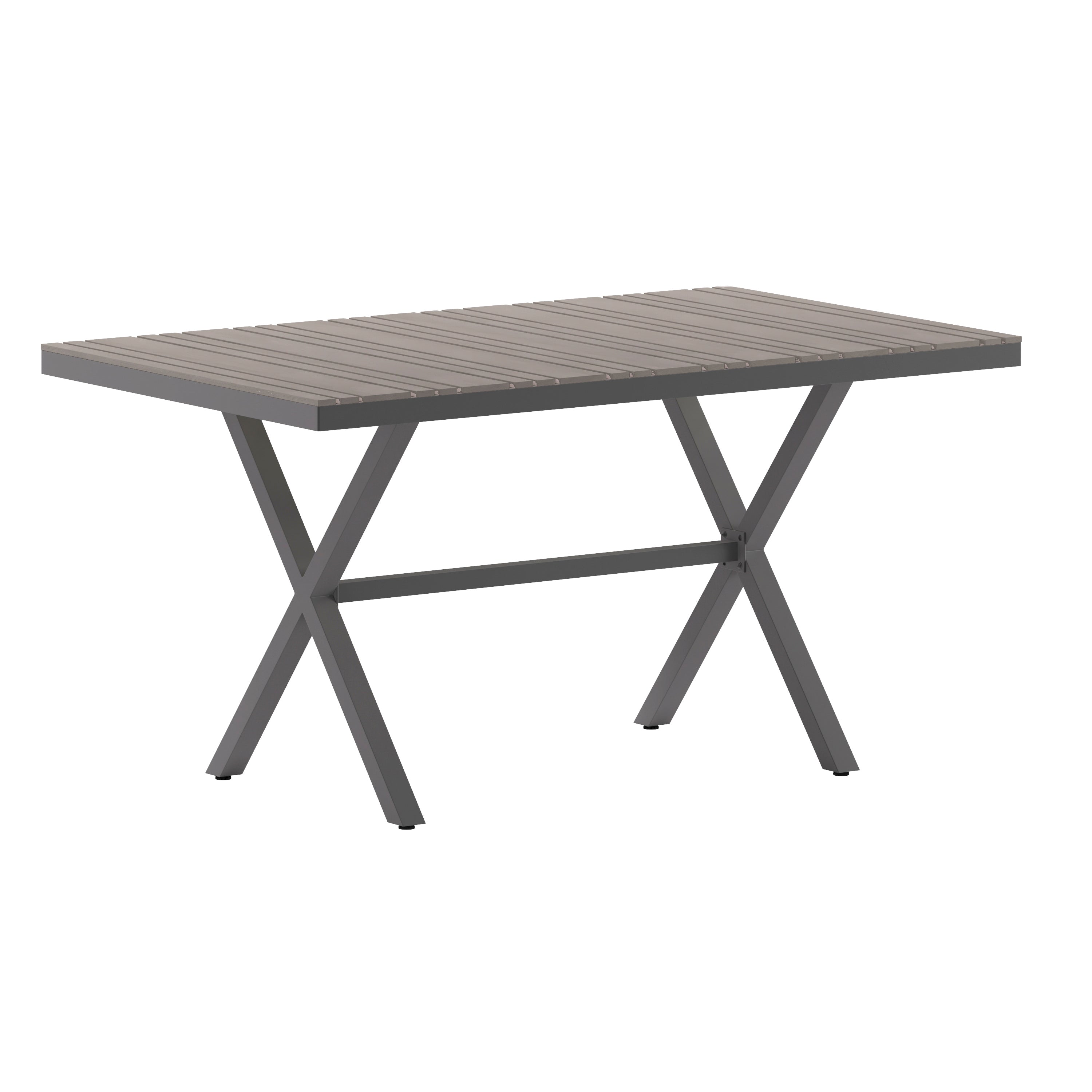 Finch Commercial Grade X-Frame Outdoor Dining Table 59" x 35.5" with Faux Teak Poly Slats and Metal Frame, Gray/Gray