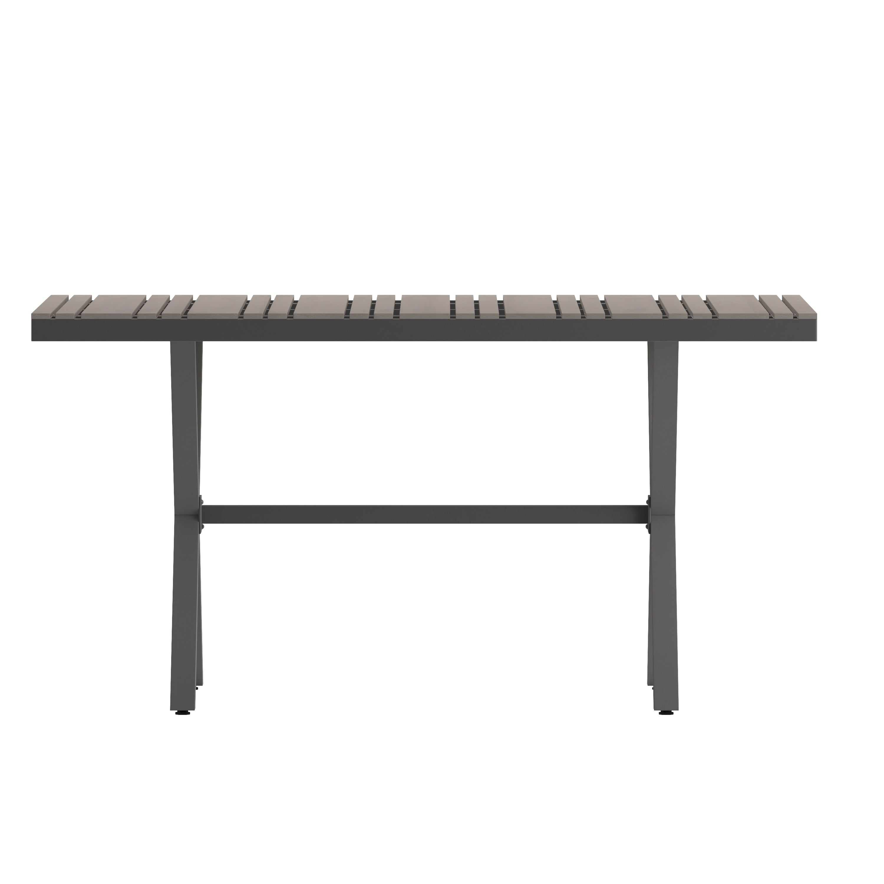 Finch Commercial Grade X-Frame Outdoor Dining Table 59" x 35.5" with Faux Teak Poly Slats and Metal Frame, Gray/Gray