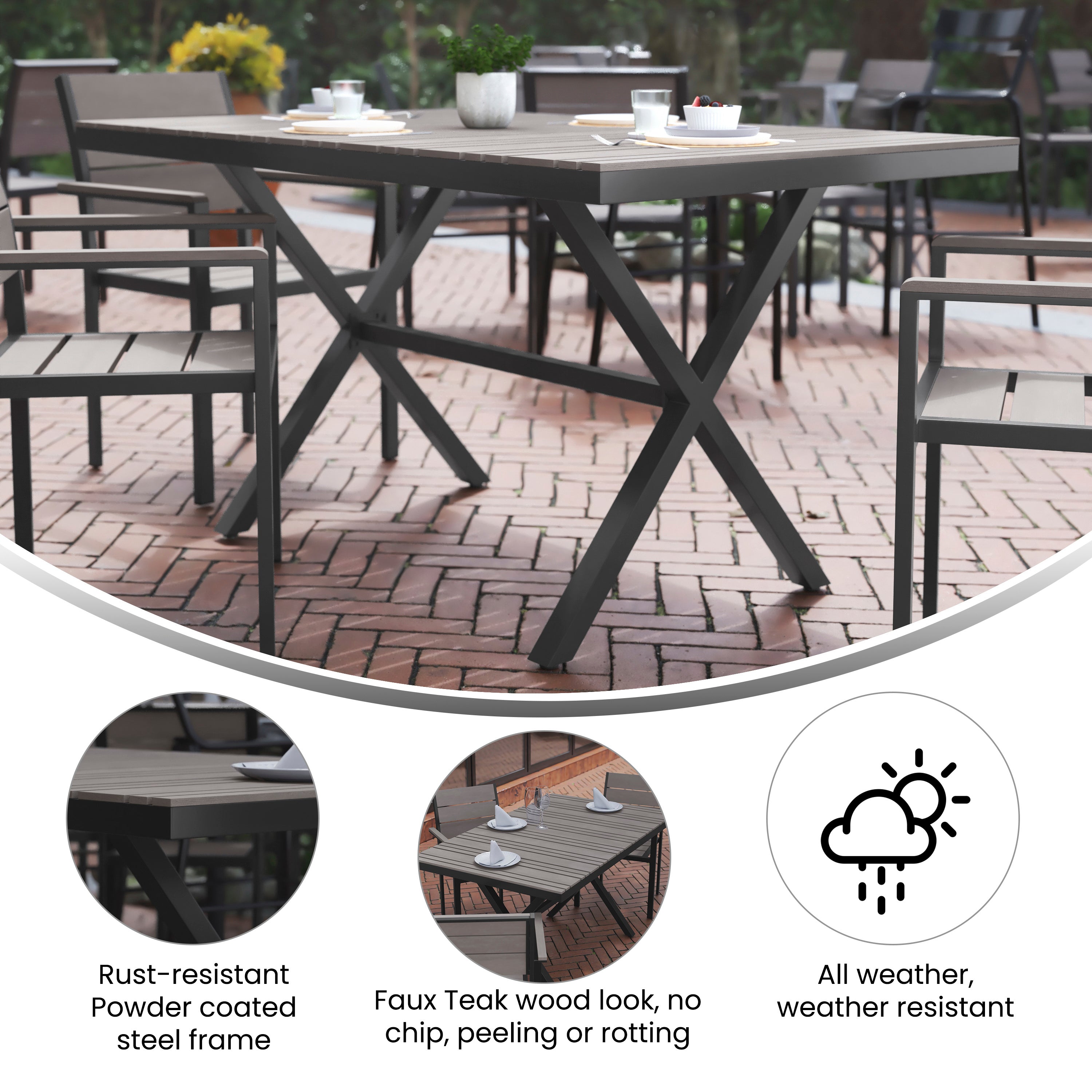 Finch Commercial Grade X-Frame Outdoor Dining Table 59" x 35.5" with Faux Teak Poly Slats and Metal Frame, Gray/Gray