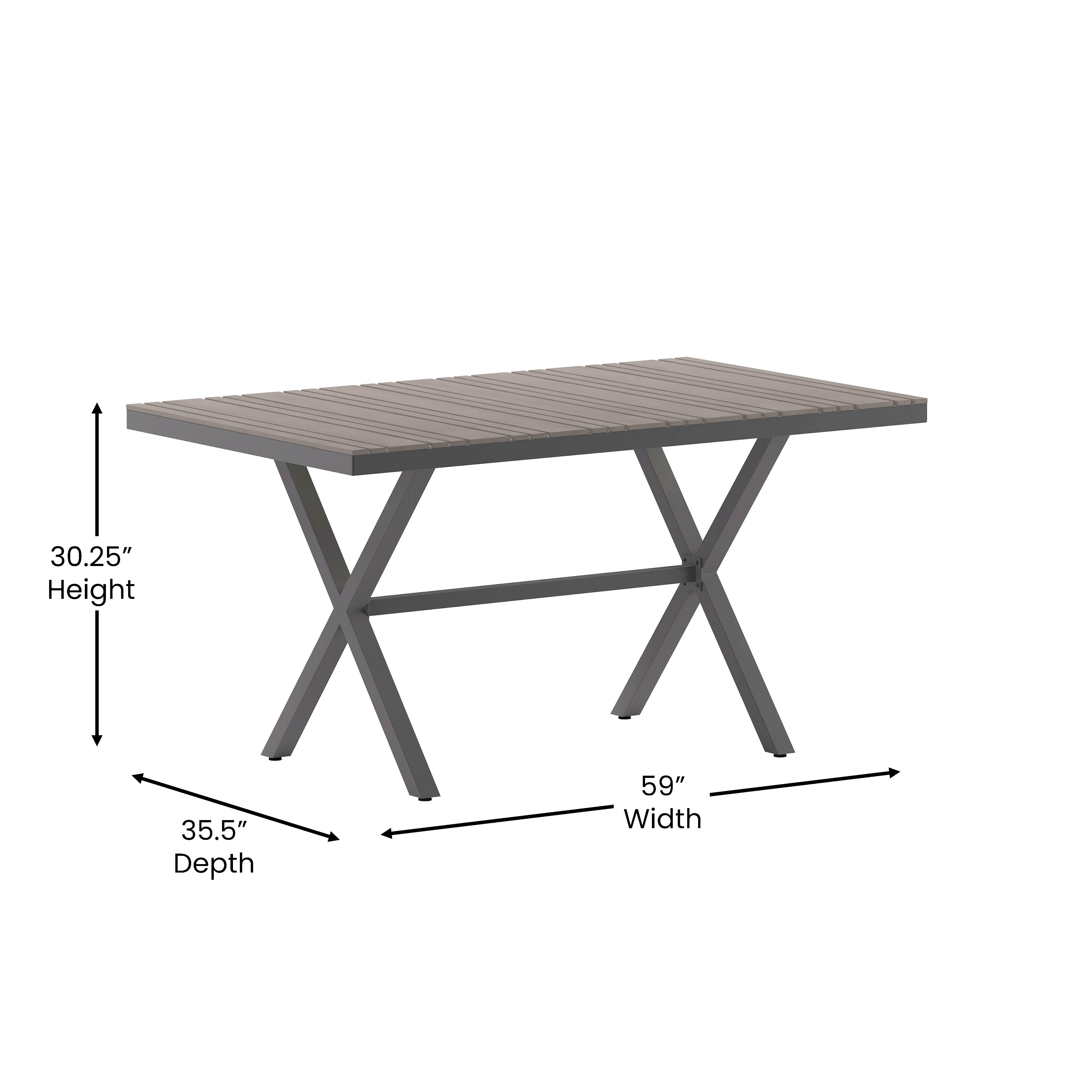 Finch Commercial Grade X-Frame Outdoor Dining Table 59" x 35.5" with Faux Teak Poly Slats and Metal Frame, Gray/Gray