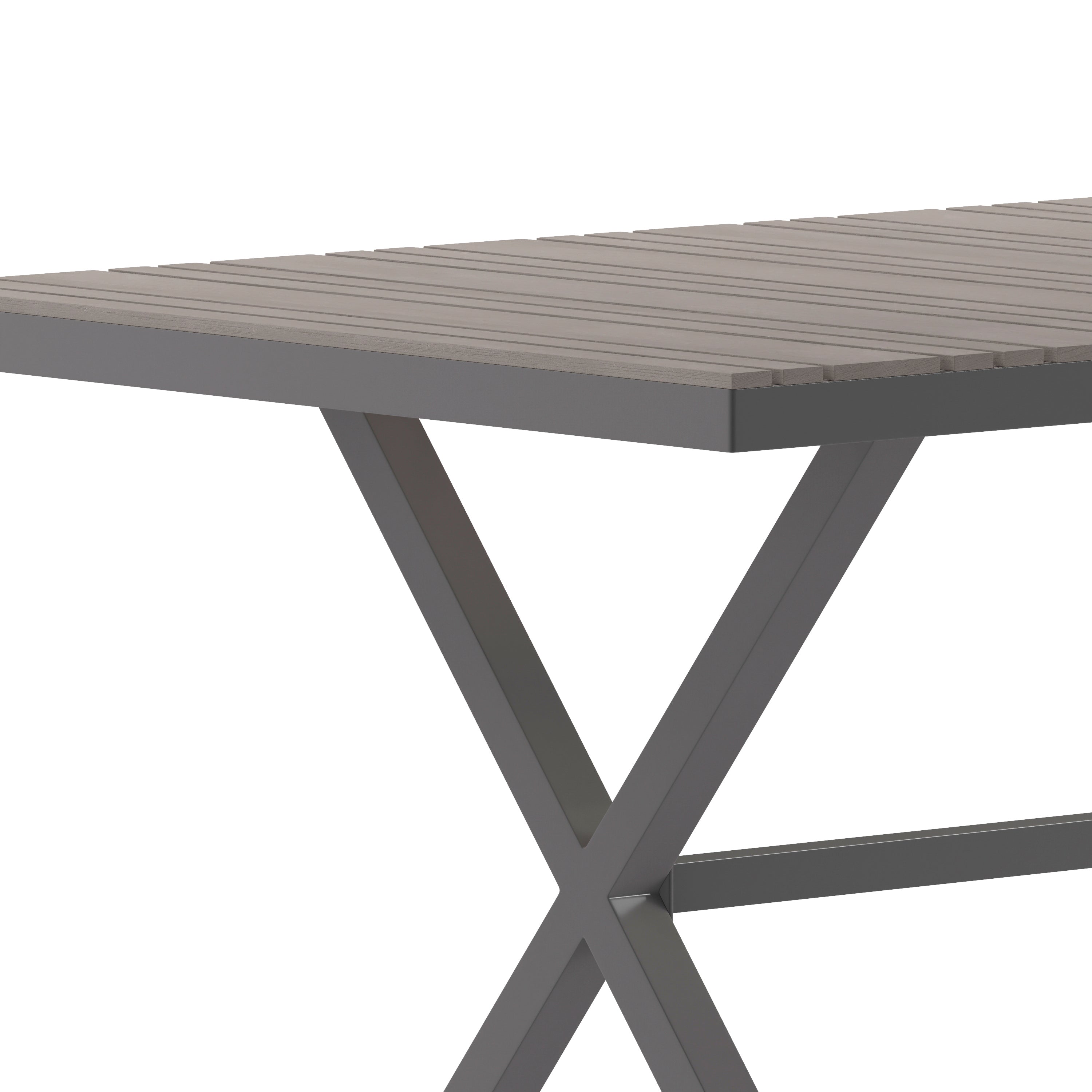 Finch Commercial Grade X-Frame Outdoor Dining Table 59" x 35.5" with Faux Teak Poly Slats and Metal Frame, Gray/Gray
