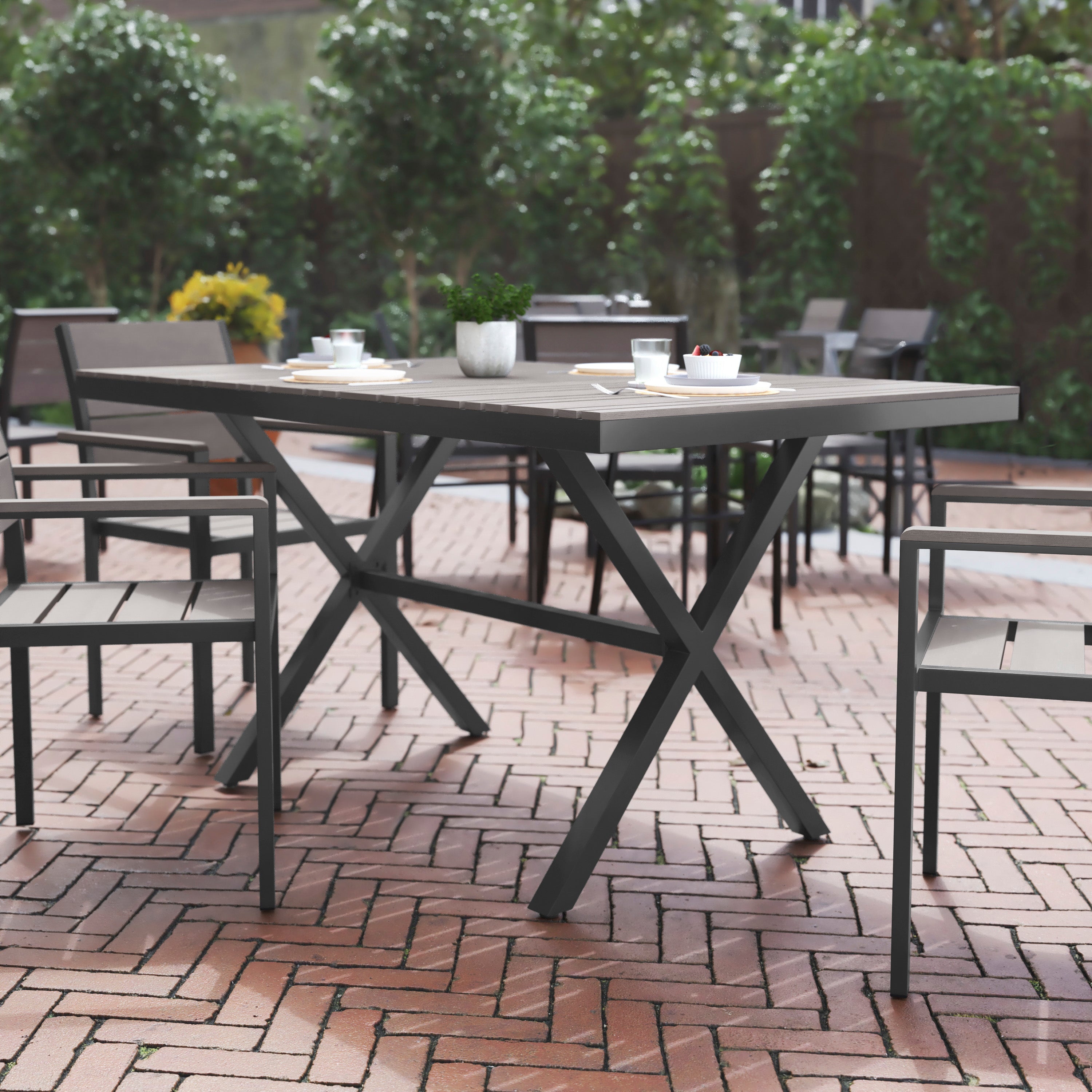 Finch Commercial Grade X-Frame Outdoor Dining Table 59" x 35.5" with Faux Teak Poly Slats and Metal Frame, Gray/Gray