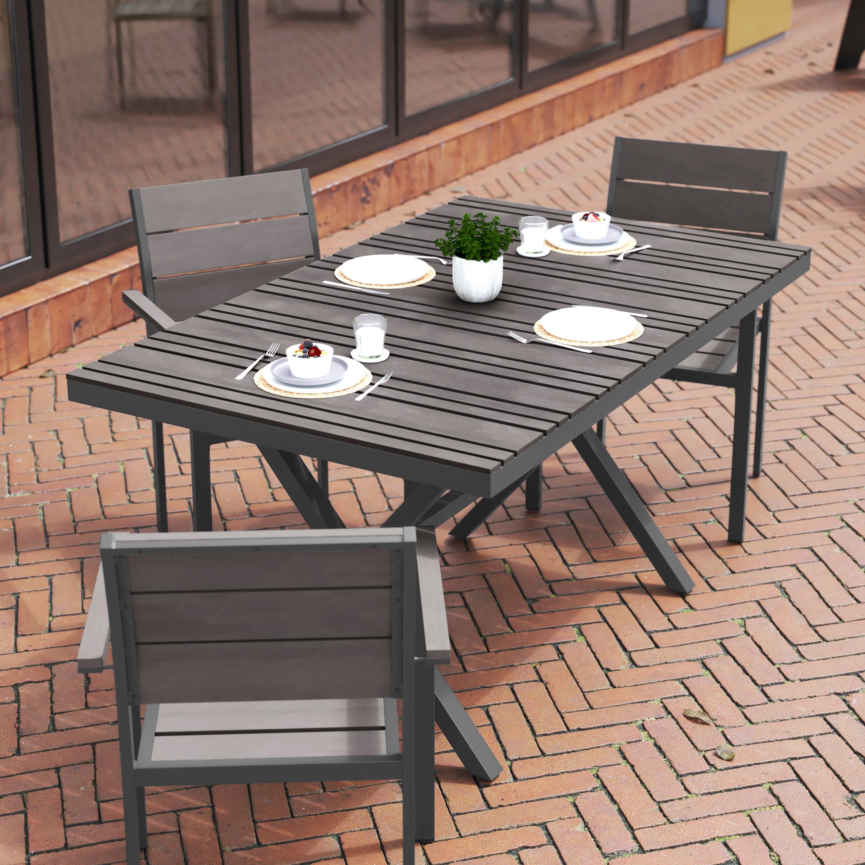 Finch Commercial Grade X-Frame Outdoor Dining Table 59" x 35.5" with Faux Teak Poly Slats and Metal Frame, Gray/Gray
