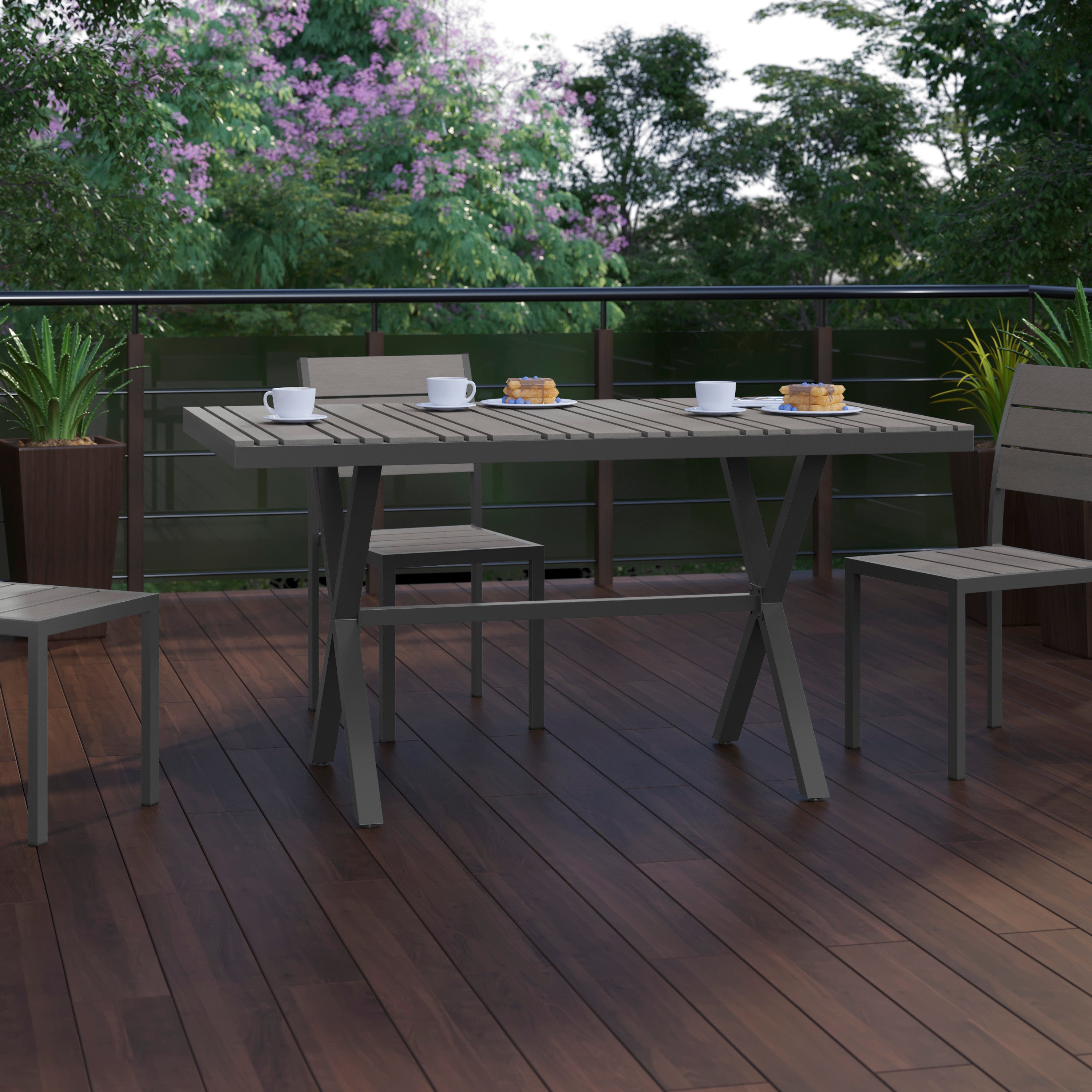 Finch Commercial Grade X-Frame Outdoor Dining Table 59" x 35.5" with Faux Teak Poly Slats and Metal Frame, Gray/Gray