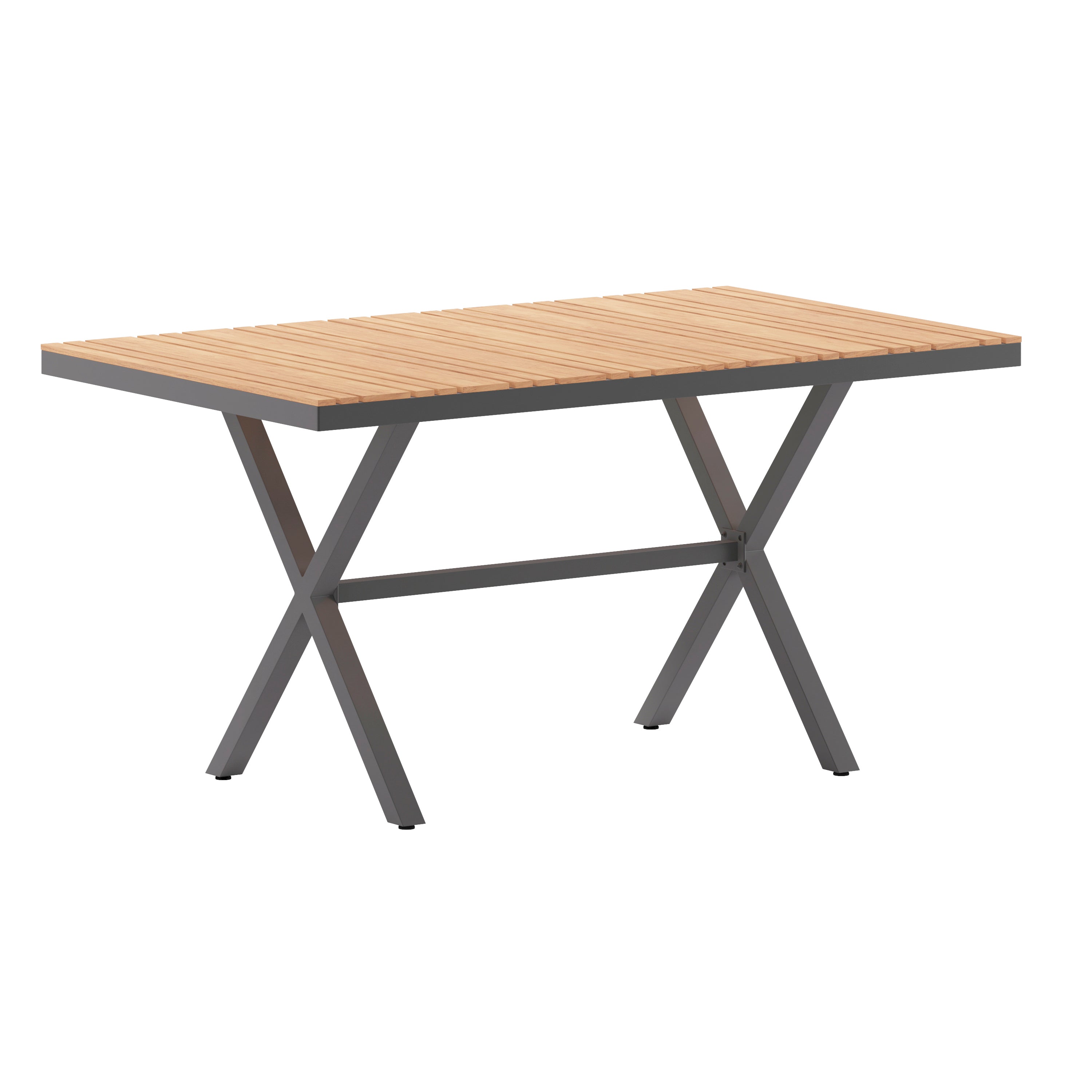 Finch Commercial Grade X-Frame Outdoor Dining Table 59" x 35.5" with Faux Teak Poly Slats and Metal Frame, Natural/Gray