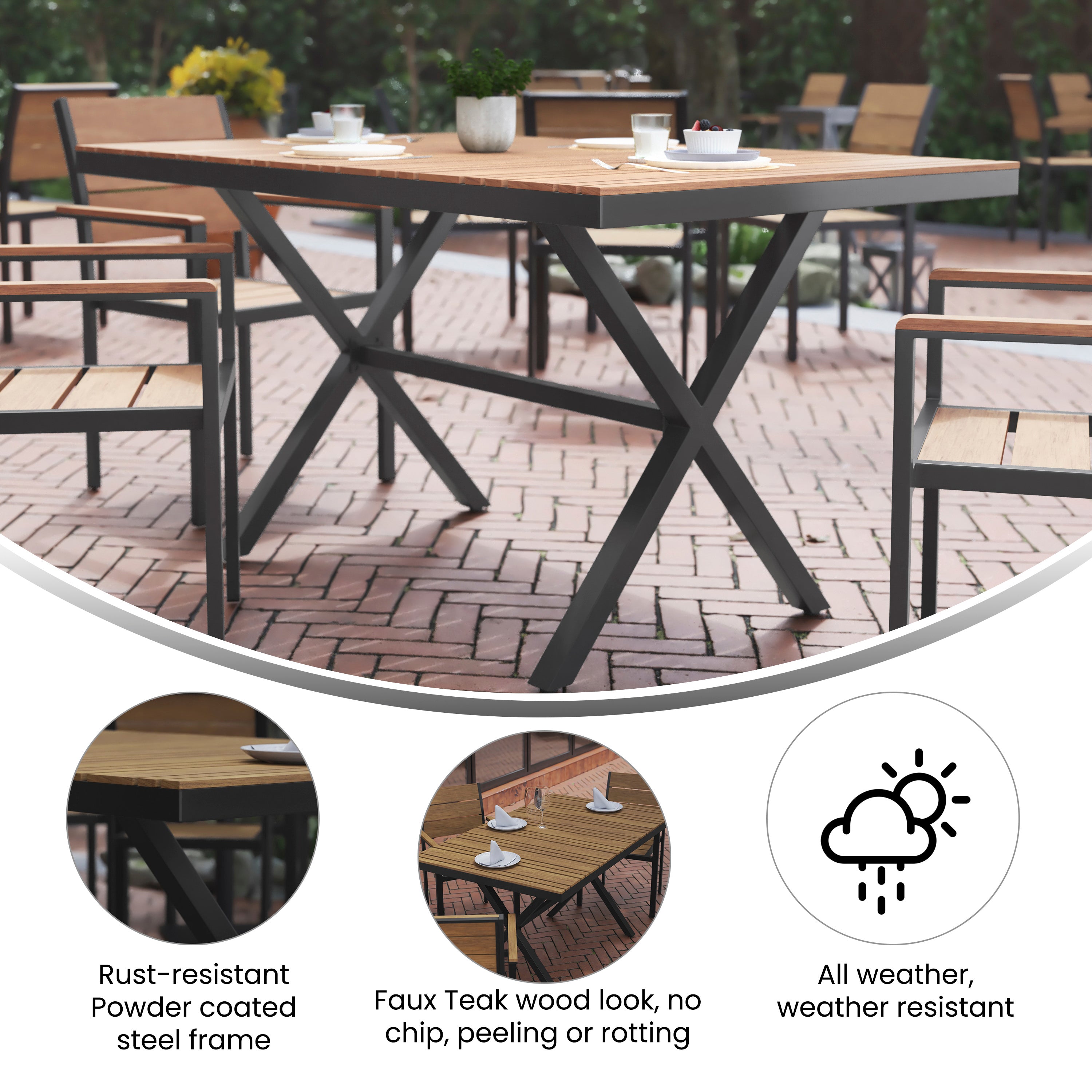 Finch Commercial Grade X-Frame Outdoor Dining Table 59" x 35.5" with Faux Teak Poly Slats and Metal Frame, Natural/Gray
