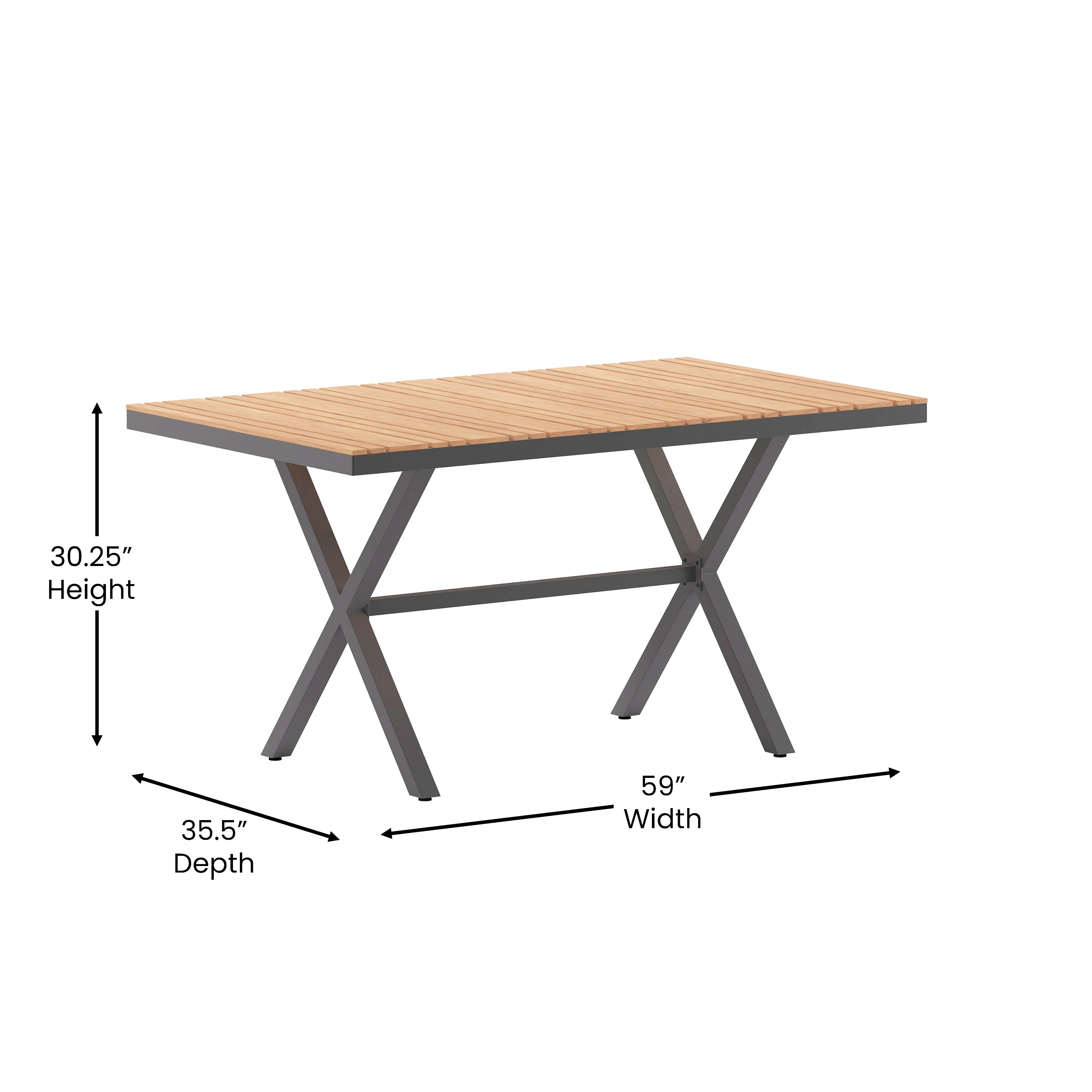 Finch Commercial Grade X-Frame Outdoor Dining Table 59" x 35.5" with Faux Teak Poly Slats and Metal Frame, Natural/Gray