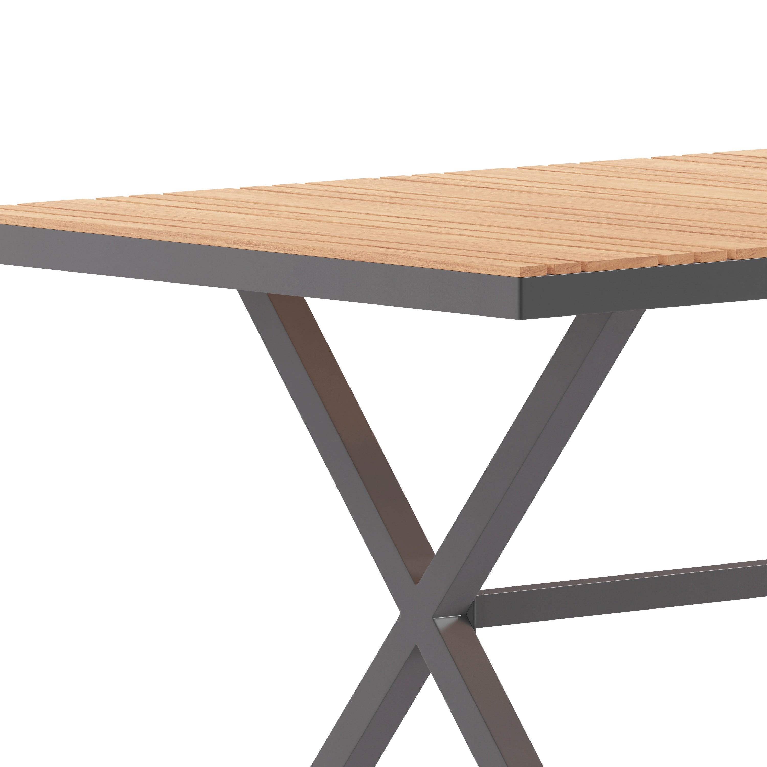 Finch Commercial Grade X-Frame Outdoor Dining Table 59" x 35.5" with Faux Teak Poly Slats and Metal Frame, Natural/Gray