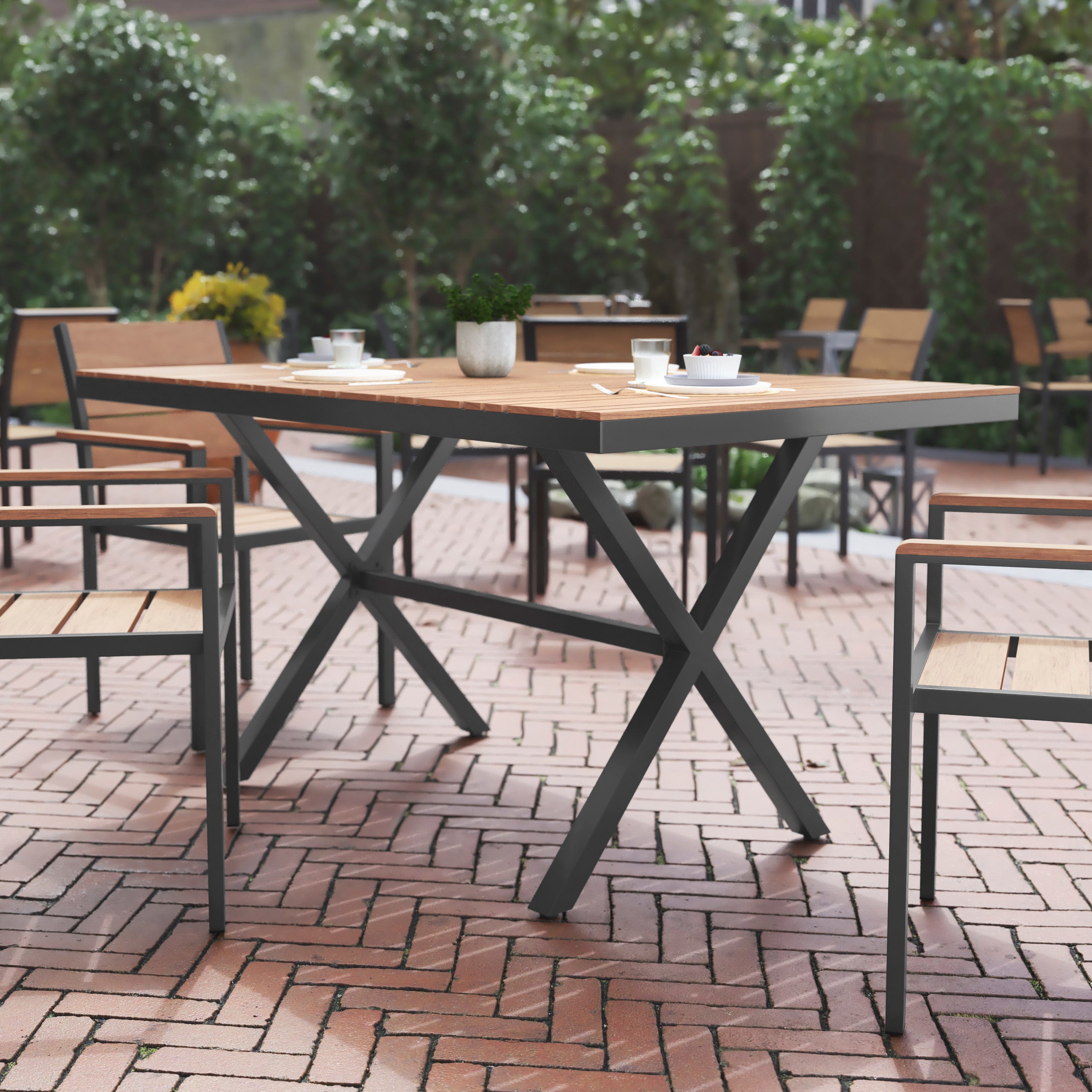 Finch Commercial Grade X-Frame Outdoor Dining Table 59" x 35.5" with Faux Teak Poly Slats and Metal Frame, Natural/Gray