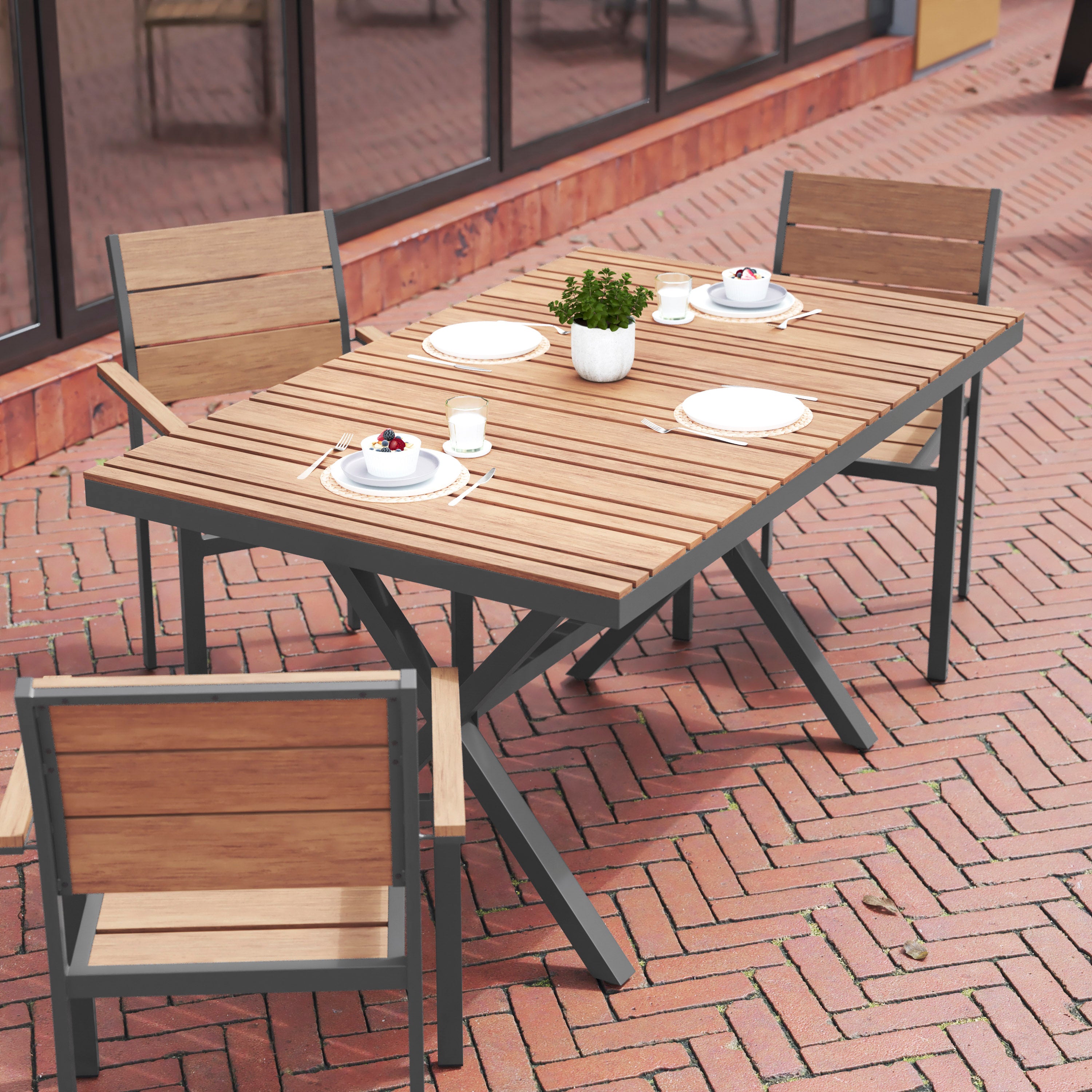 Finch Commercial Grade X-Frame Outdoor Dining Table 59" x 35.5" with Faux Teak Poly Slats and Metal Frame, Natural/Gray