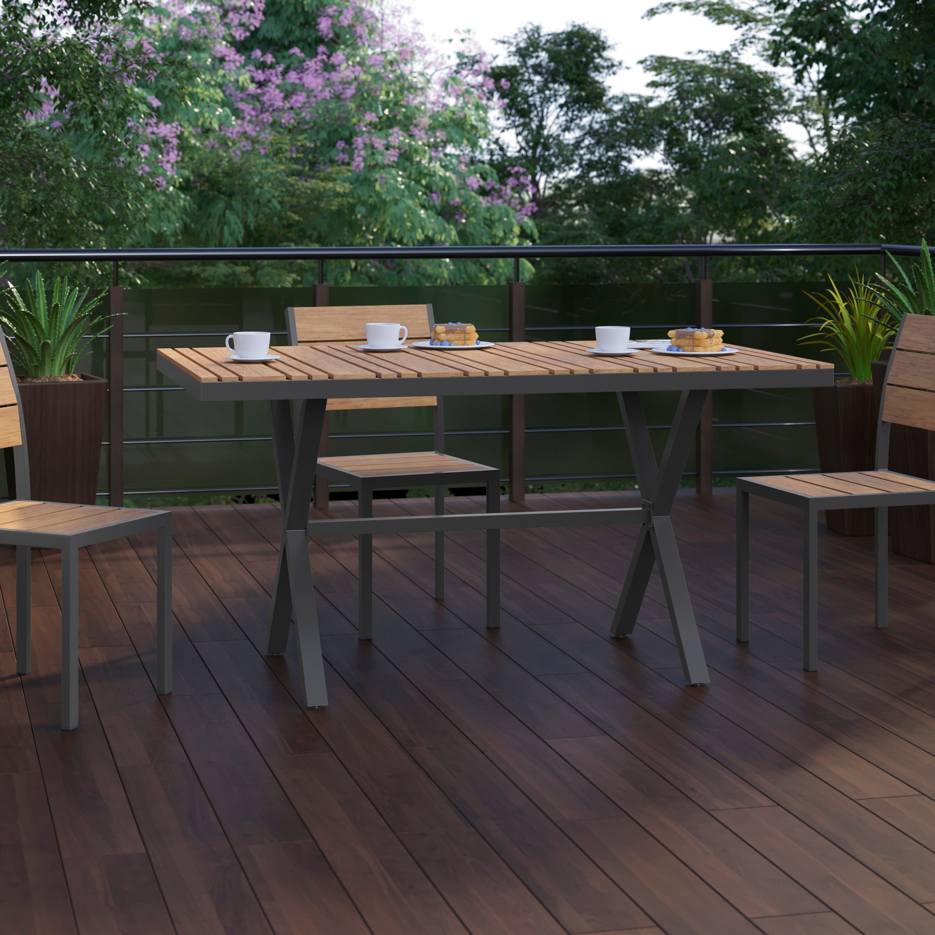 Finch Commercial Grade X-Frame Outdoor Dining Table 59" x 35.5" with Faux Teak Poly Slats and Metal Frame, Natural/Gray