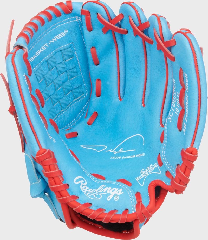 Rawlings Sure Catch Series Youth Jacob Degrom Signature 10-Inch Baseball Glove - Right Hand Thrower - Columbia Blue/Scarlet