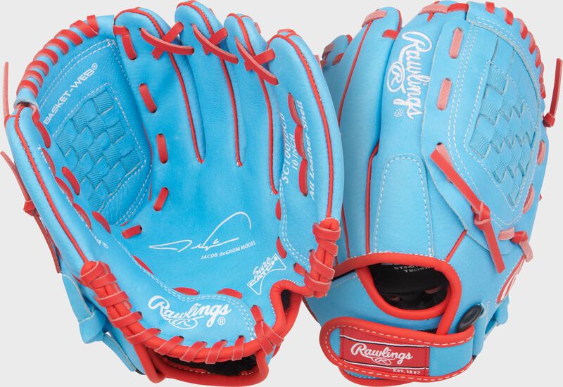 Rawlings Sure Catch Series Youth Jacob Degrom Signature 10-Inch Baseball Glove - Right Hand Thrower - Columbia Blue/Scarlet