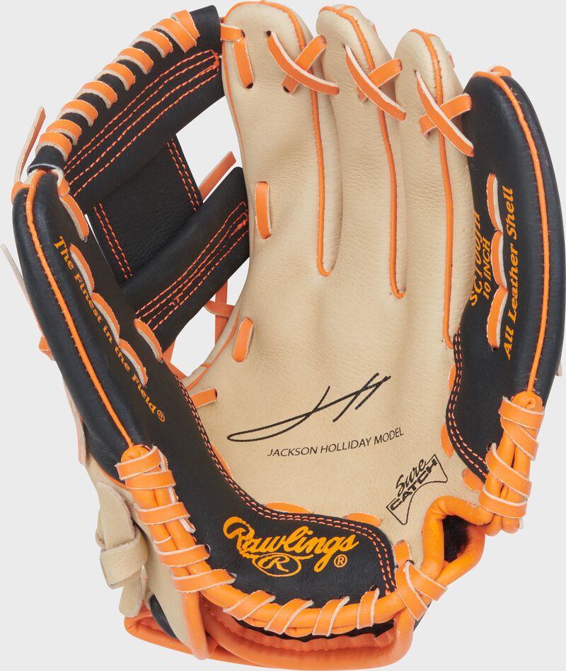 Rawlings Sure Catch Series Youth Jackson Holiday Signature 10-Inch Baseball Glove - Right Hand Thrower - Camel/Black/Orange