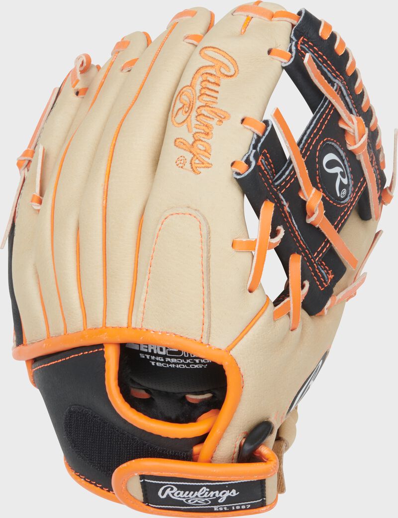 Rawlings Sure Catch Series Youth Jackson Holiday Signature 10-Inch Baseball Glove - Right Hand Thrower - Camel/Black/Orange