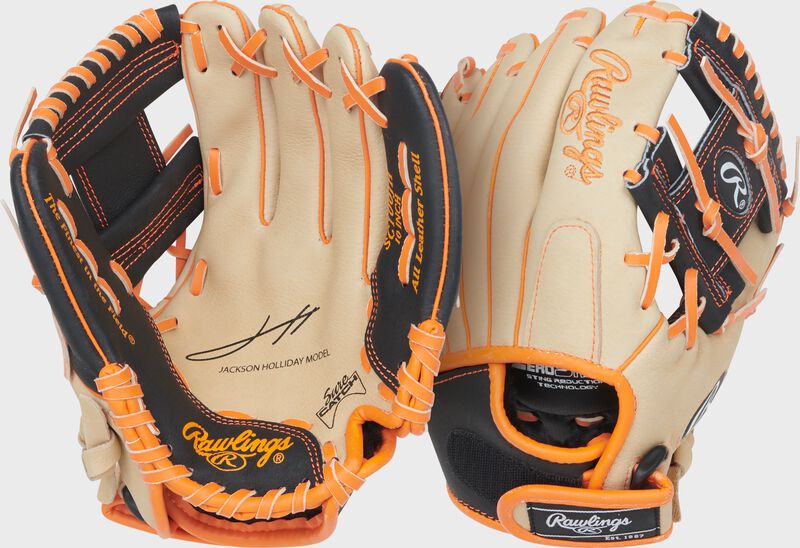 Rawlings Sure Catch Series Youth Jackson Holiday Signature 10-Inch Baseball Glove - Right Hand Thrower - Camel/Black/Orange