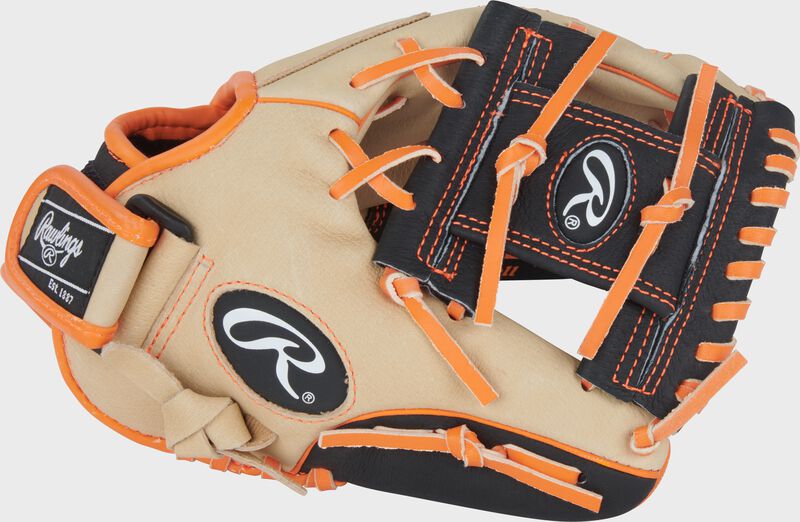 Rawlings Sure Catch Series Youth Jackson Holiday Signature 10-Inch Baseball Glove - Right Hand Thrower - Camel/Black/Orange