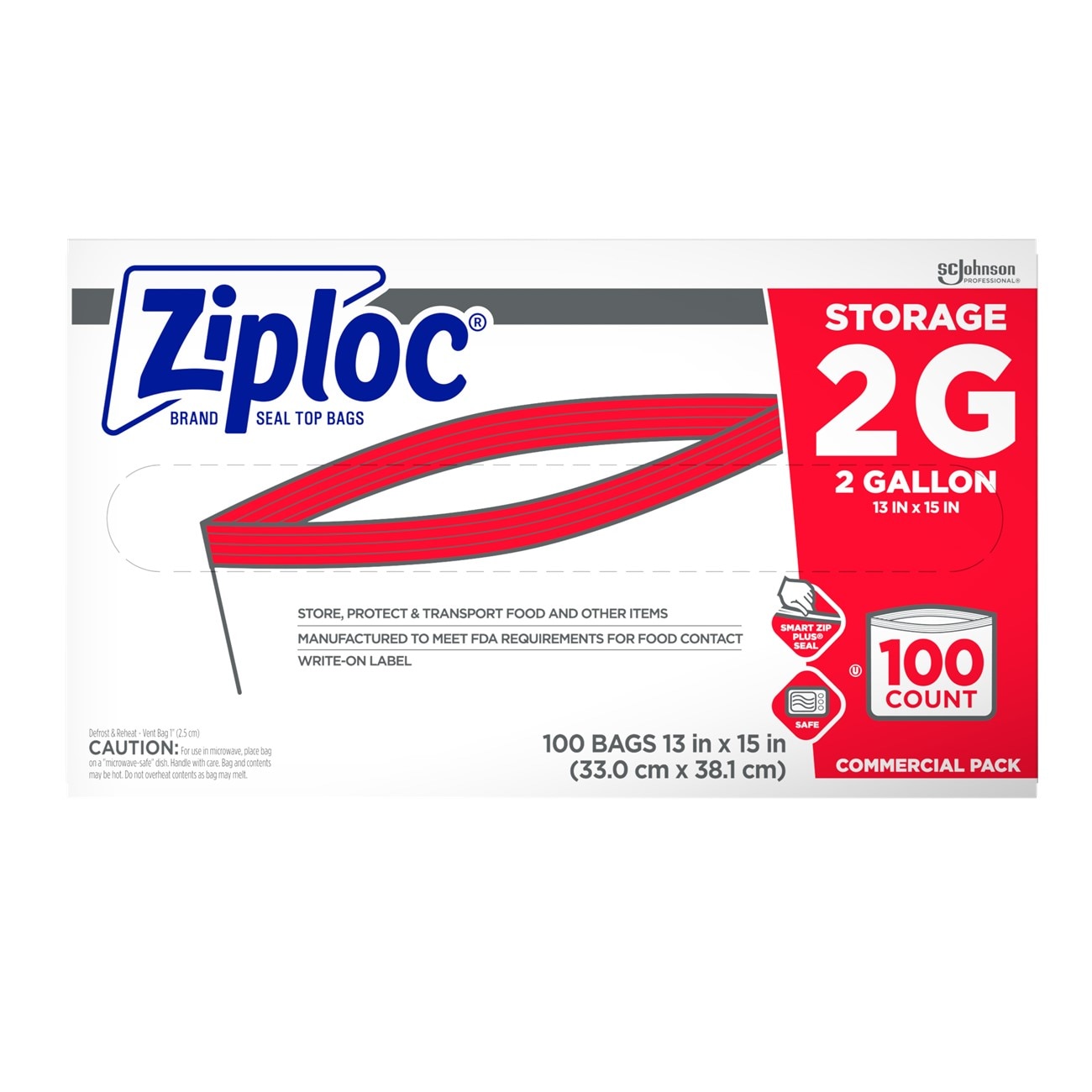 Storage Bags, Ziploc, 2 gal, 100 Bags, Zipper, Clear, Solid
