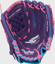 Rawlings Sure Catch Youth Series 11-Inch Softball Glove - Left Hand Thrower - Purple/Colimbia Blue/Pink