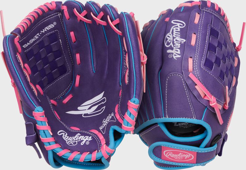 Rawlings Sure Catch Youth Series 11-Inch Softball Glove - Left Hand Thrower - Purple/Colimbia Blue/Pink