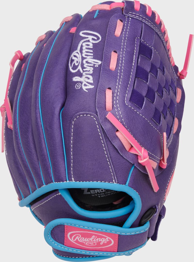 Rawlings Sure Catch Youth Series 11-Inch Softball Glove - Left Hand Thrower - Purple/Colimbia Blue/Pink