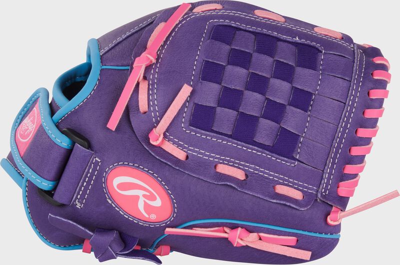 Rawlings Sure Catch Youth Series 11-Inch Softball Glove - Left Hand Thrower - Purple/Colimbia Blue/Pink