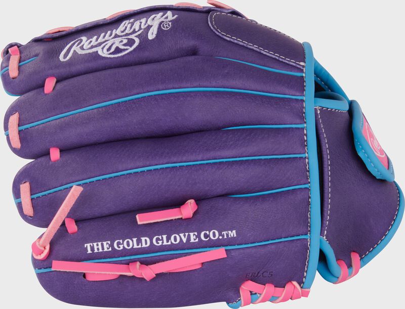 Rawlings Sure Catch Youth Series 11-Inch Softball Glove - Left Hand Thrower - Purple/Colimbia Blue/Pink